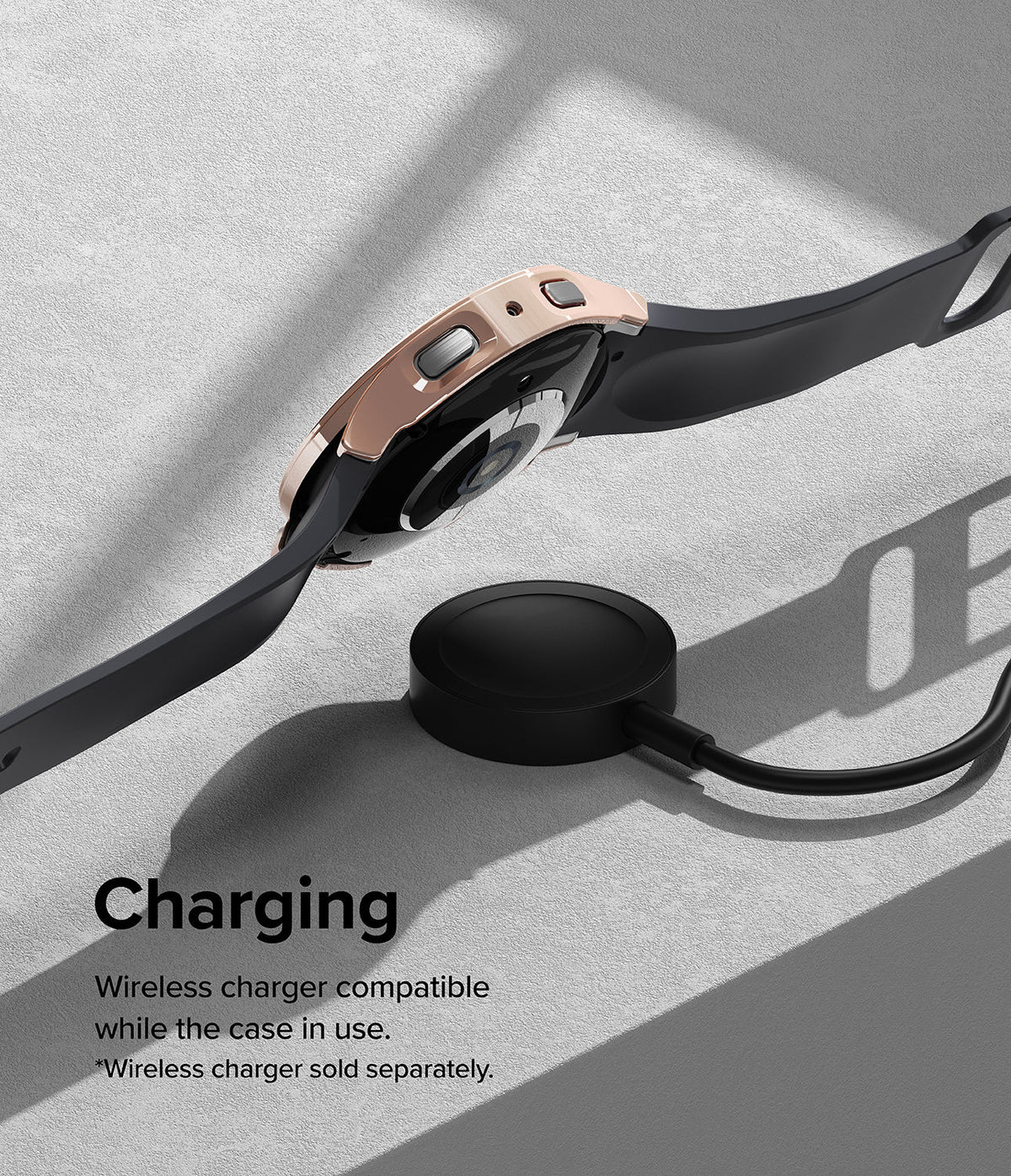 Galaxy Watch 5 (40mm) Case | Slim - Rose gold watch case on a smartwatch hovering above a black wireless charging puck.