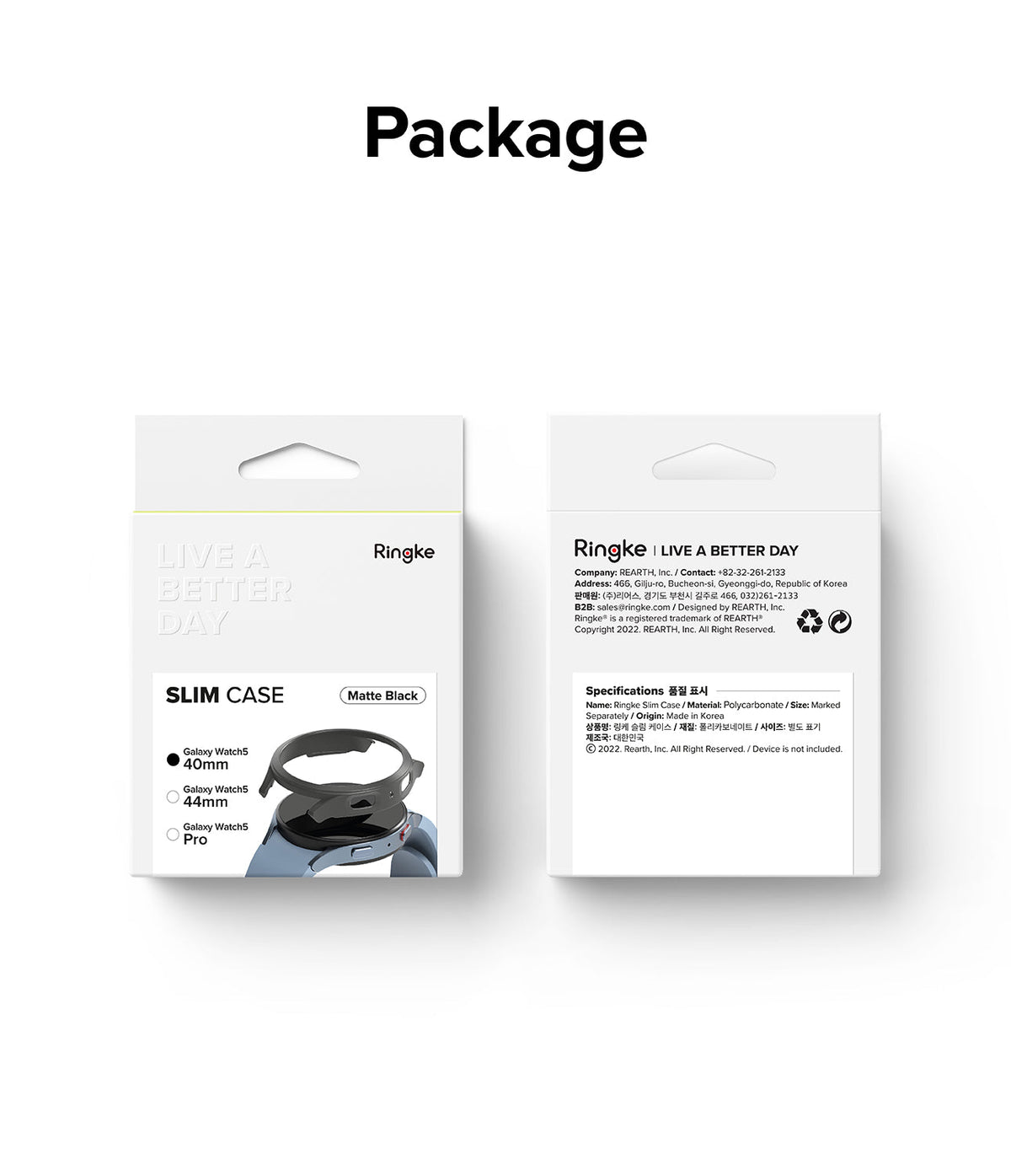 Galaxy Watch 5 (40mm) Case | Slim - Front and back views of Ringke Slim Case packaging for Galaxy Watch 5.