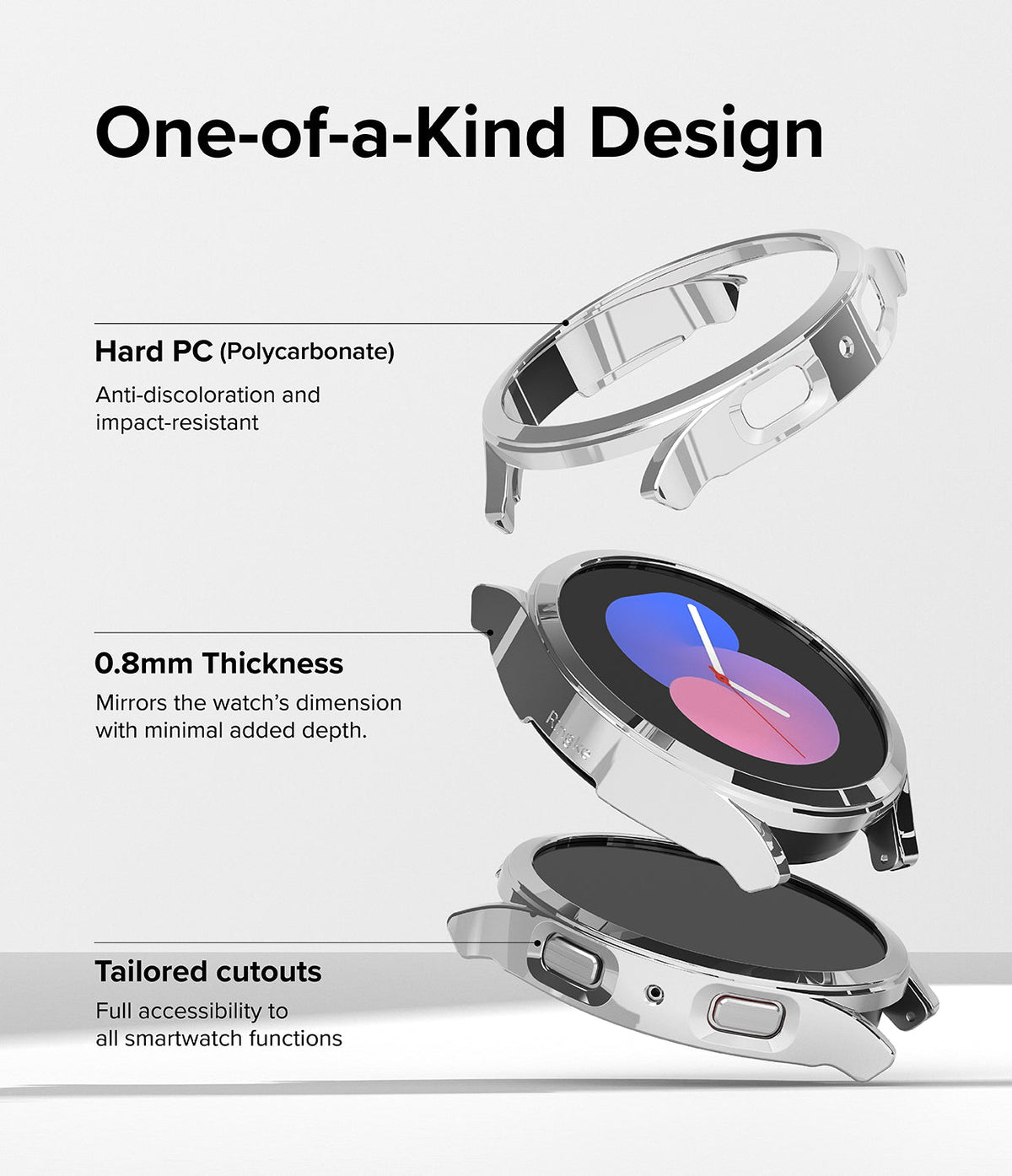 Galaxy Watch 5 (40mm) Case | Slim - Exploded view of a clear, slim protective watch case highlighting material and fit.