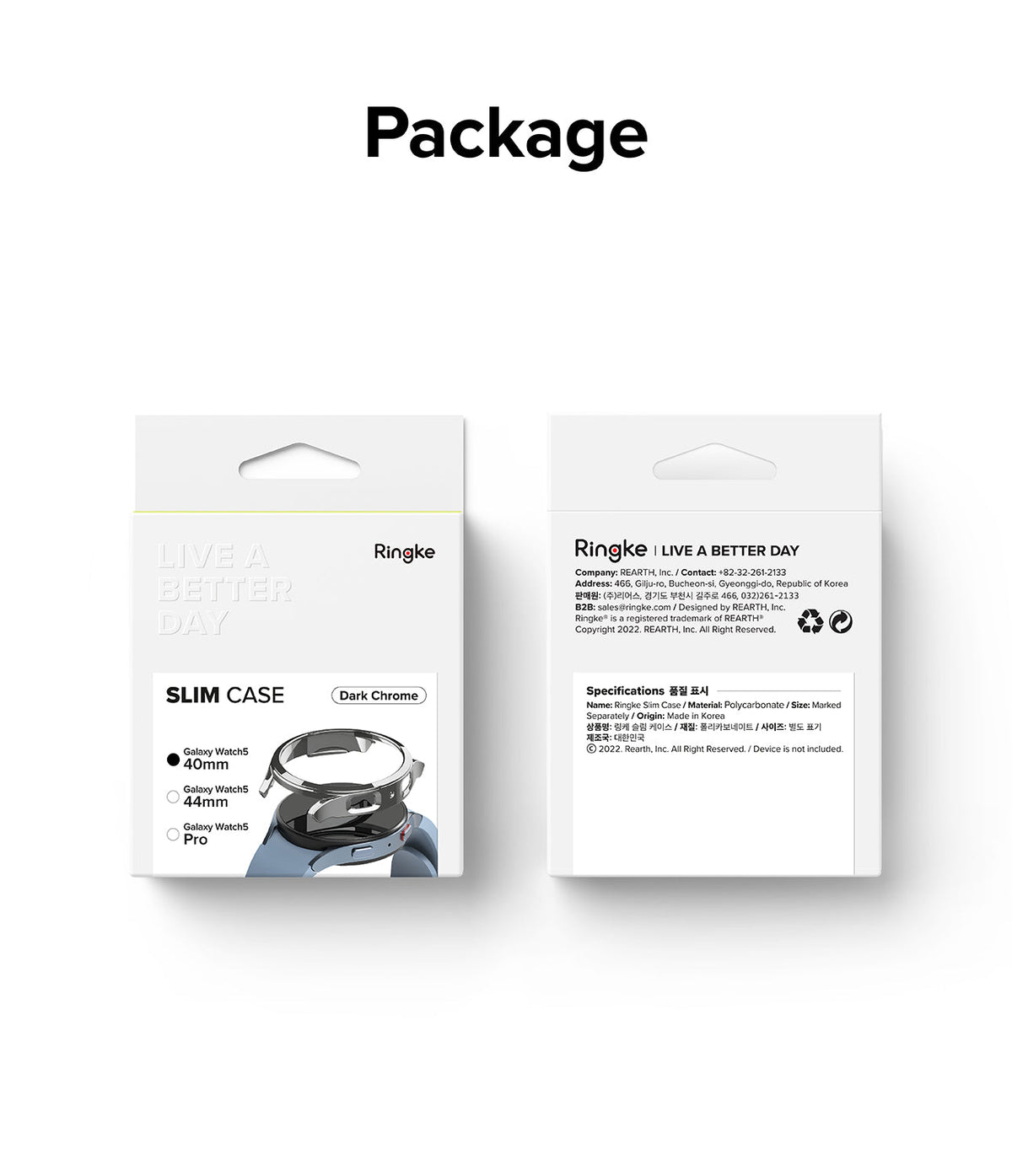 Galaxy Watch 5 (40mm) Case | Slim - Front and back views of Ringke Slim Case packaging for Galaxy Watch 5 in Dark Chrome.