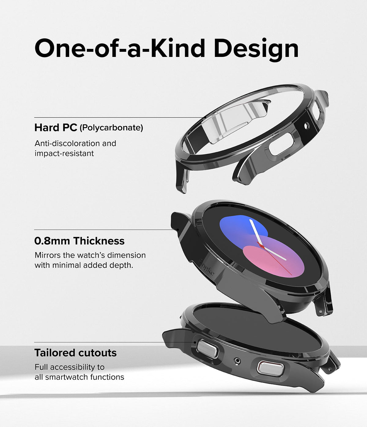 Galaxy Watch 5 (40mm) Case | Slim - Exploded view of a slim, black protective watch case highlighting material and fit.