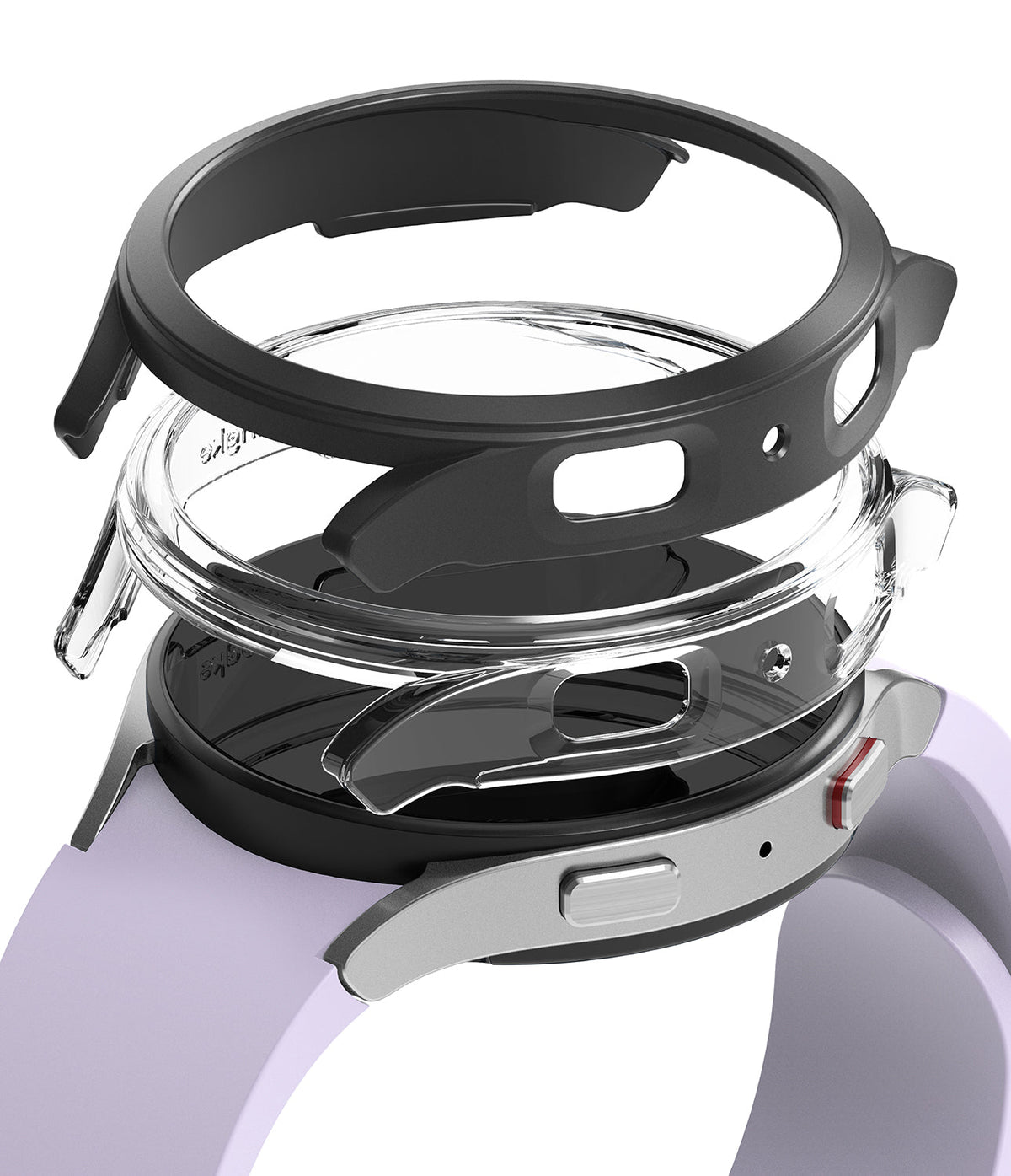Galaxy Watch 5 (40mm) Case | Slim - Exploded view of a black protective case hovering over a smartwatch with a lavender band.