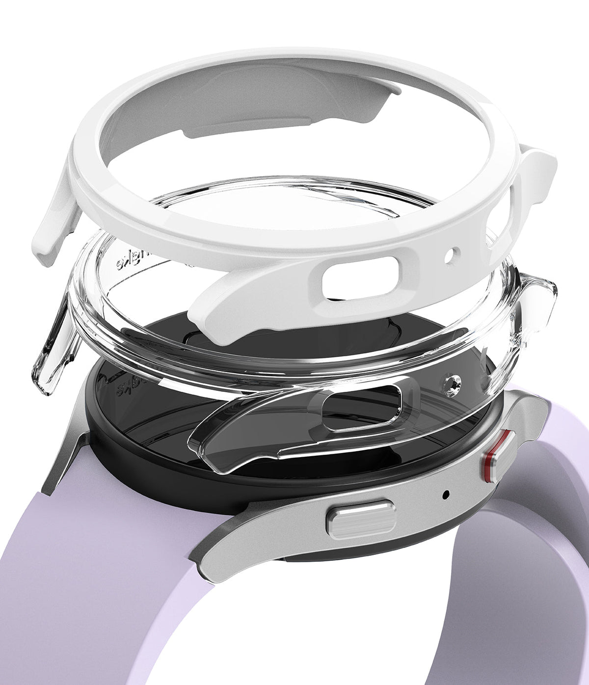 Galaxy Watch 5 (40mm) Case | Slim - Exploded view showing a white protective case, clear case, and a lavender smartwatch.