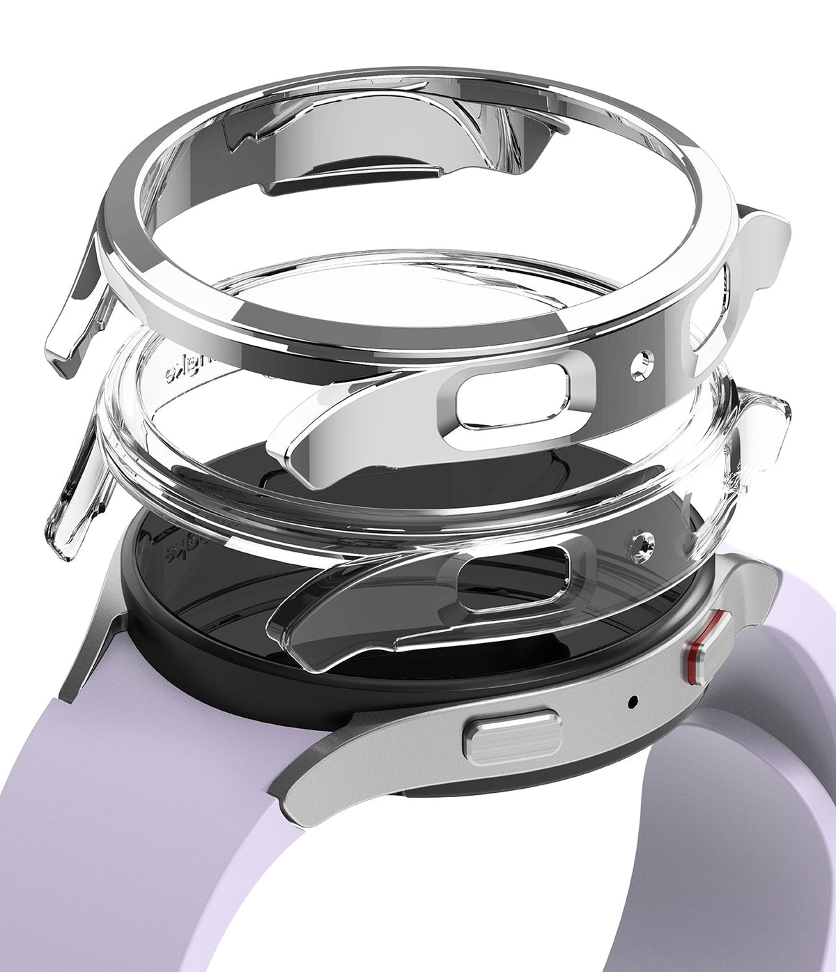 Galaxy Watch 5 (40mm) Case | Slim - Exploded view of a silver watch case hovering above a lavender Galaxy Watch 5.