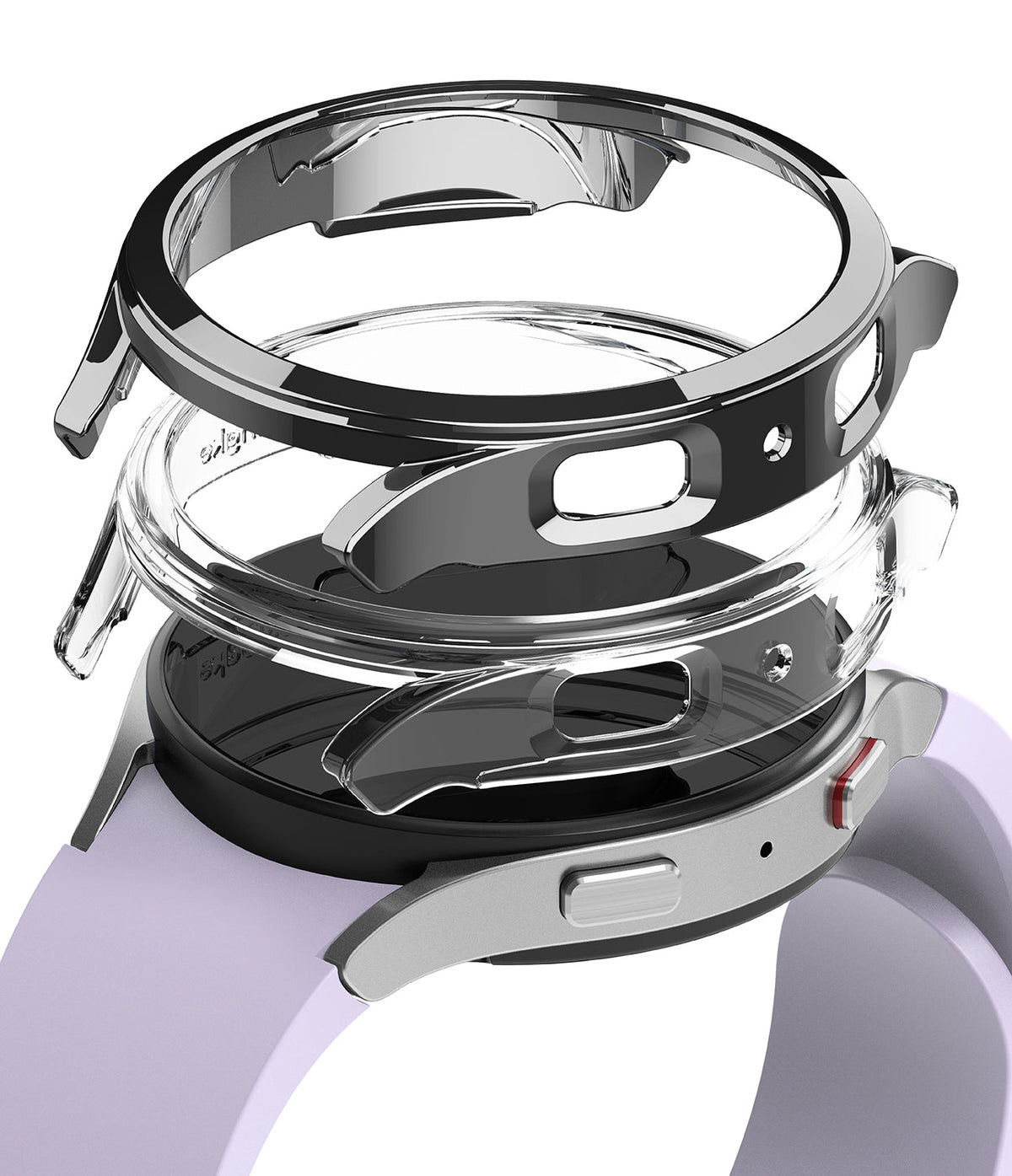 Galaxy Watch 5 (40mm) Case | Slim - Exploded view of a slim, clear protective case hovering above a lavender smartwatch.