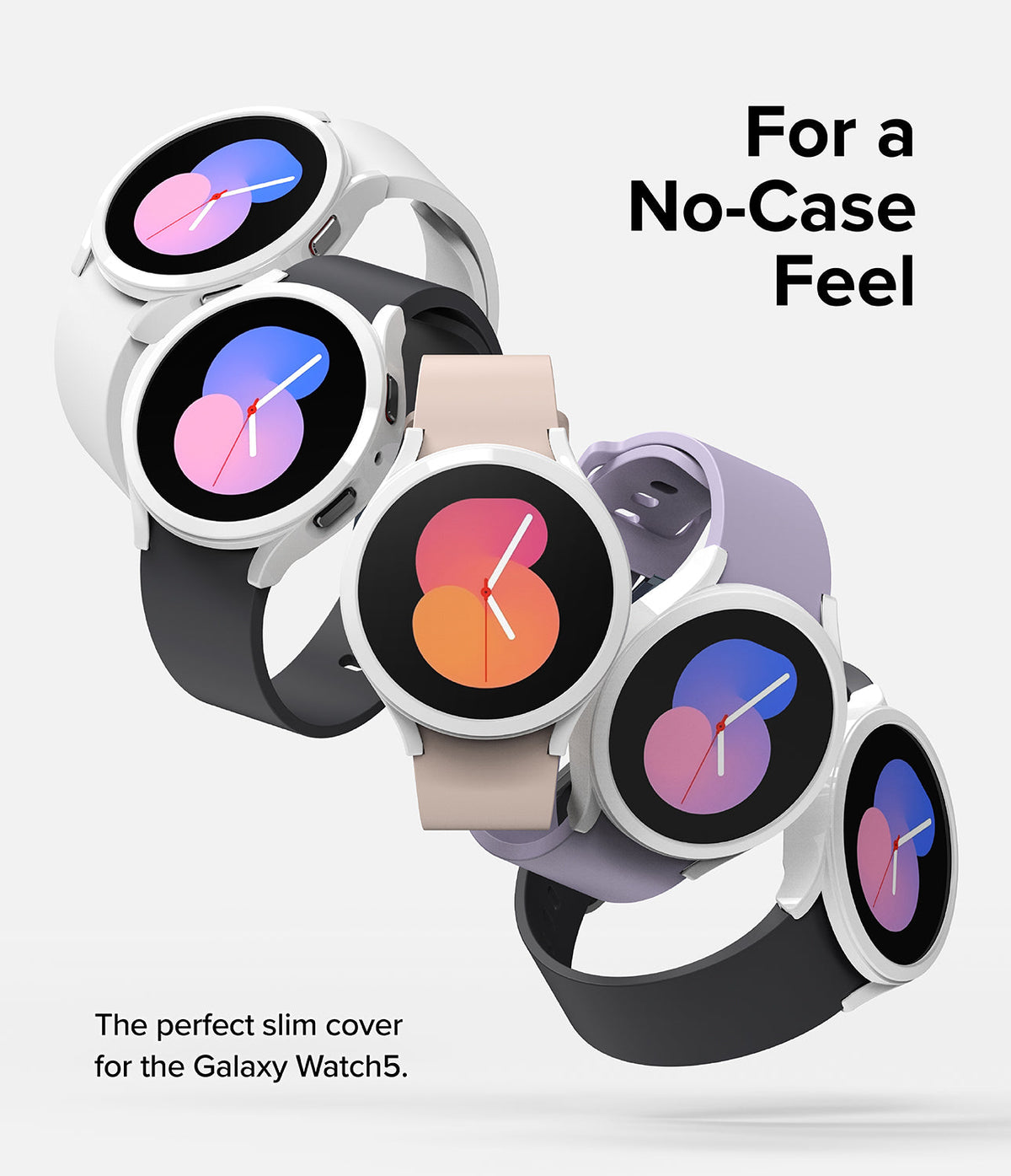 Galaxy Watch 5 (40mm) Case | Slim - Five Galaxy Watch 5 units with slim white cases in various band colors floating on white.
