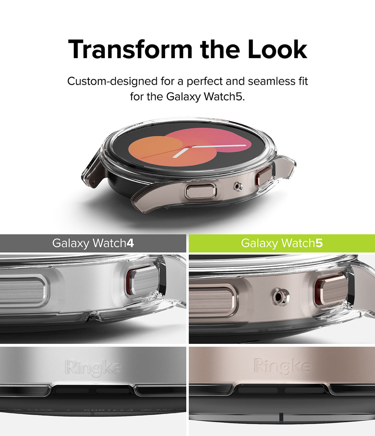 Galaxy Watch 5 (40mm) Case | Slim - Clear protective case on a Galaxy Watch 5, comparing side button and port cutouts.