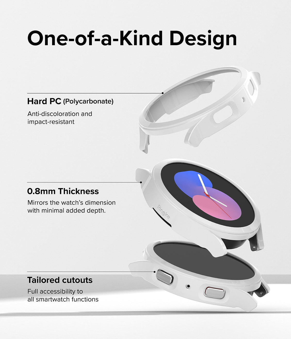 Galaxy Watch 5 (40mm) Case | Slim - Exploded view of a white protective watch case highlighting material and design.