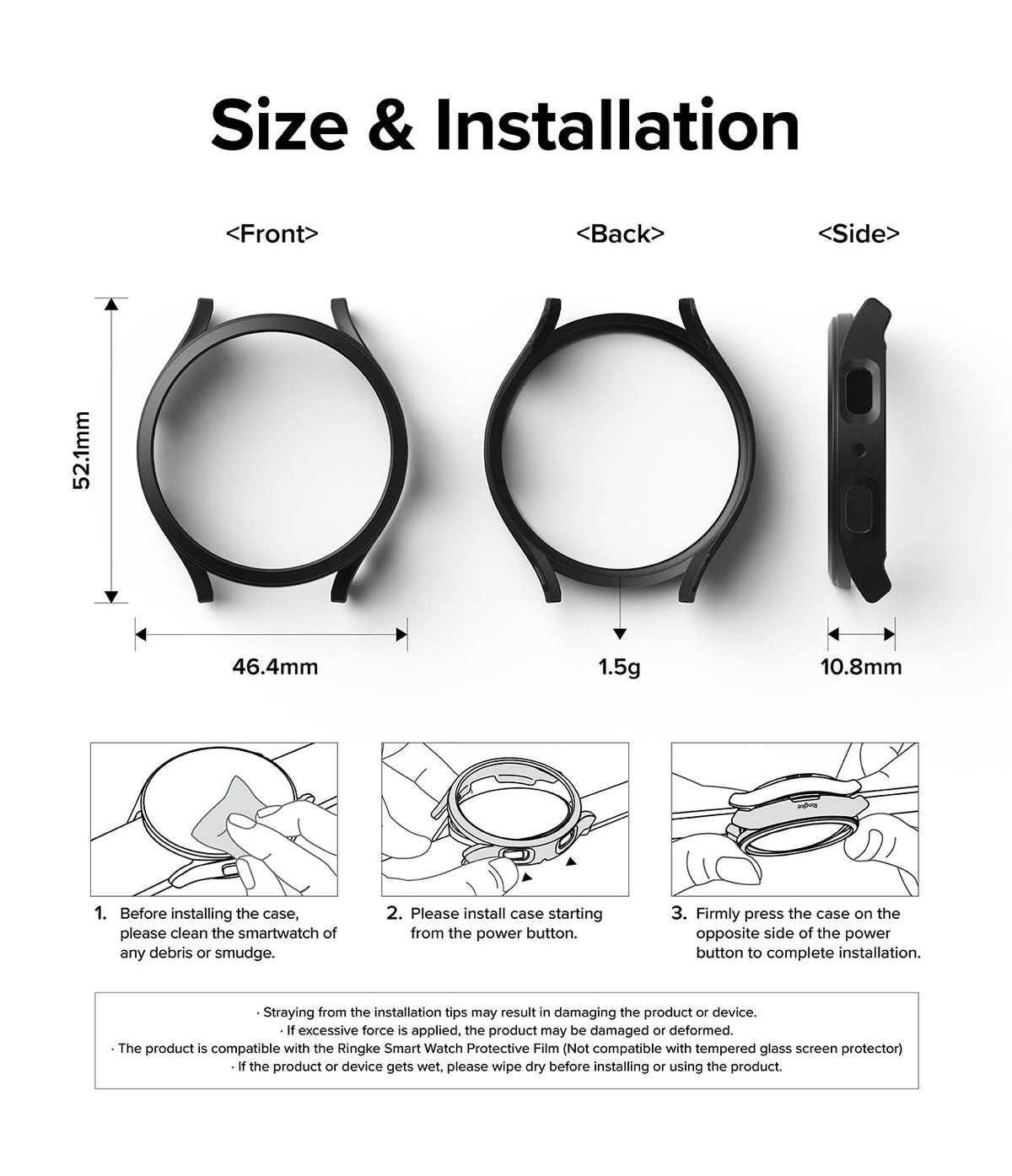 Galaxy Watch 5 44mm Case | Slim - Technical diagram showing dimensions, weight, and three-step installation guide for the watch case.