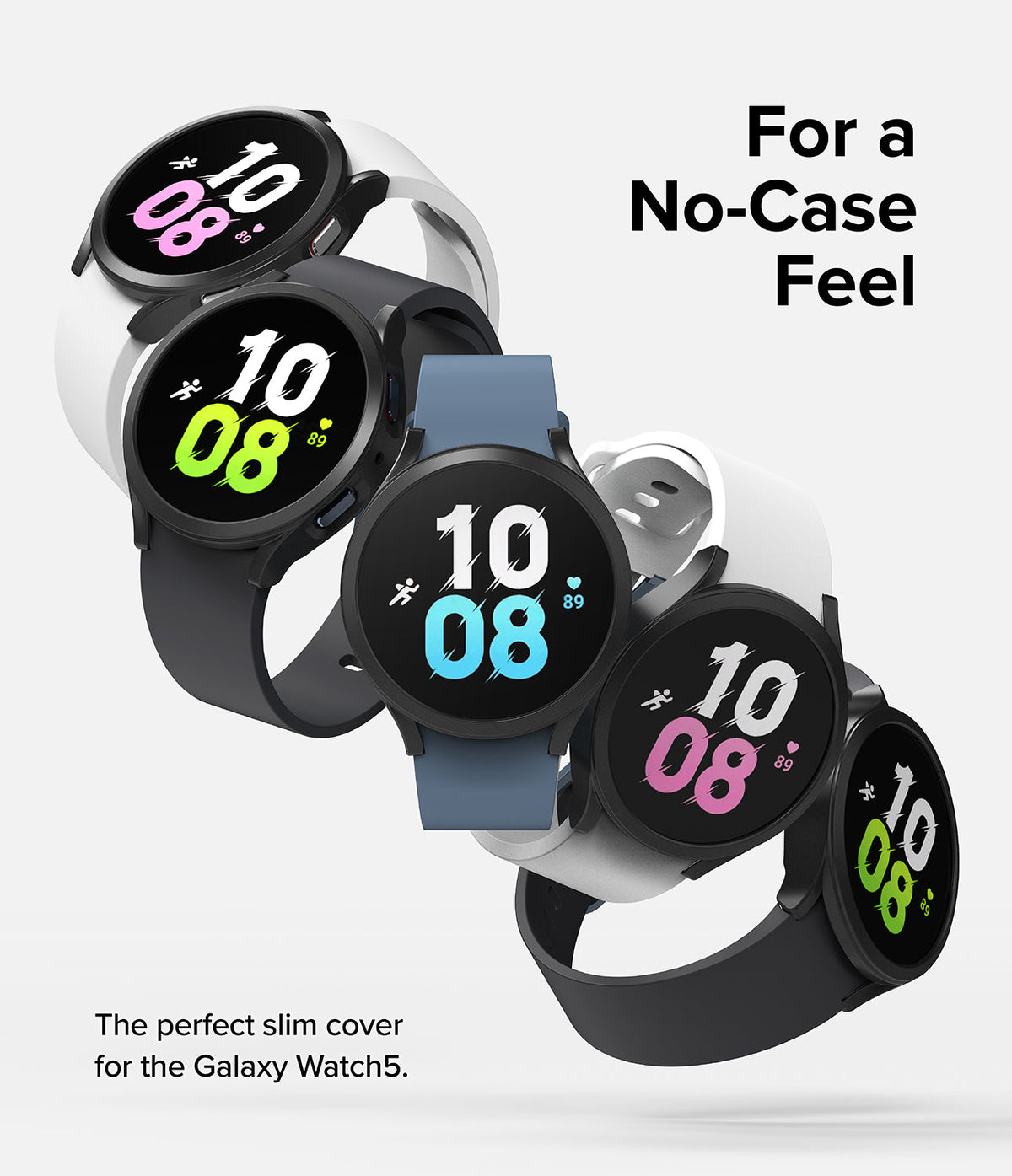 Galaxy Watch 5 44mm Case | Slim - Five Galaxy Watch 5 units with slim cases in various colors arranged diagonally.