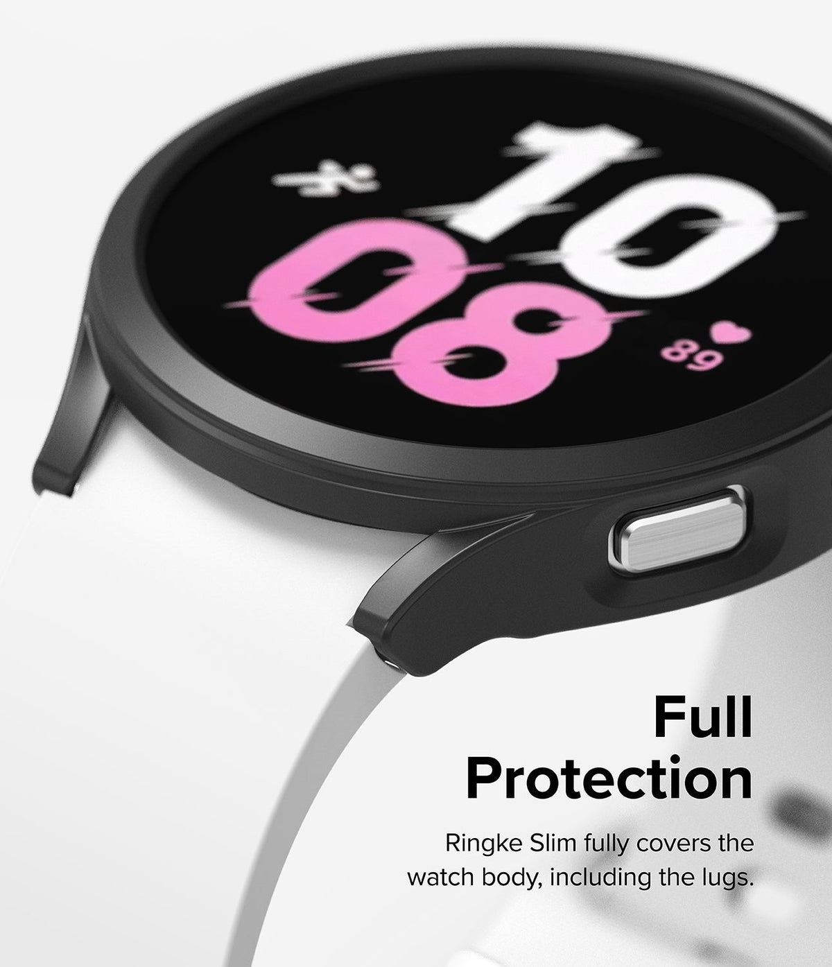 Galaxy Watch 5 44mm Case | Slim - Black protective case covering the watch body and lugs with a white strap.