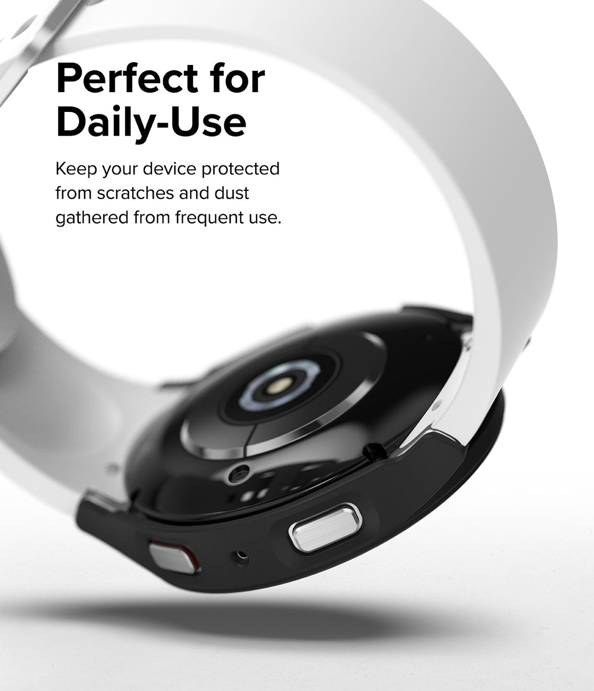 Galaxy Watch 5 44mm Case | Slim - Black protective case on a Galaxy Watch 5 with a white band against a white background.