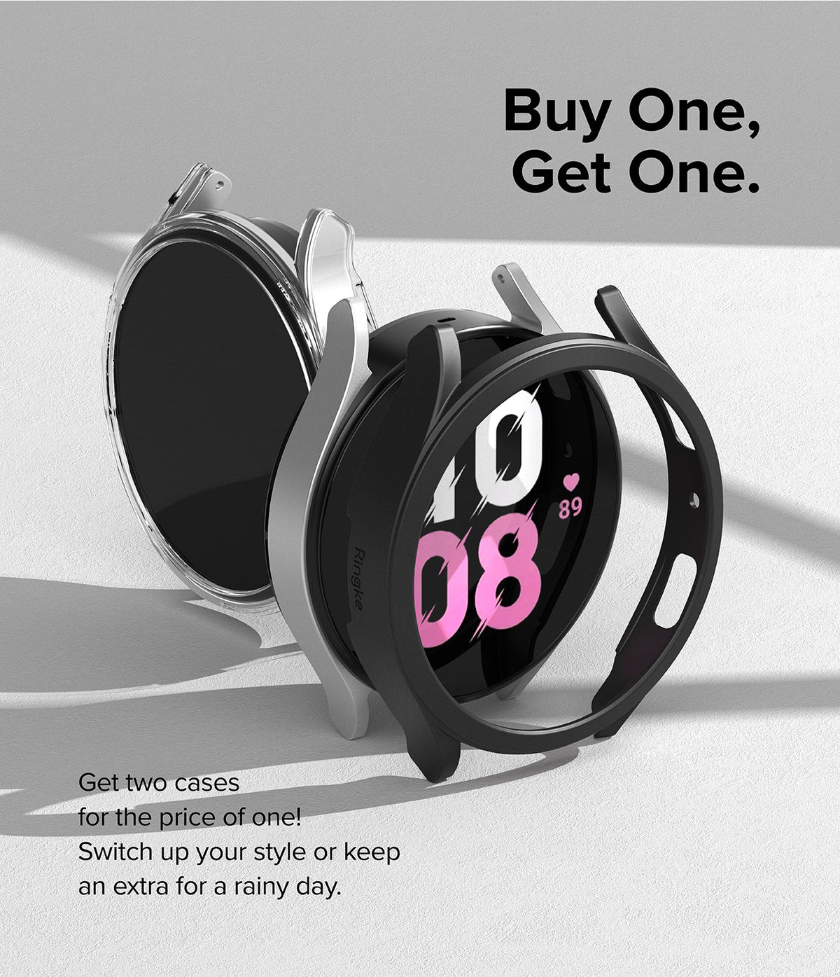 Galaxy Watch 5 44mm Case | Slim - Two slim protective cases for Galaxy Watch 5, one clear and one black, on a white surface.