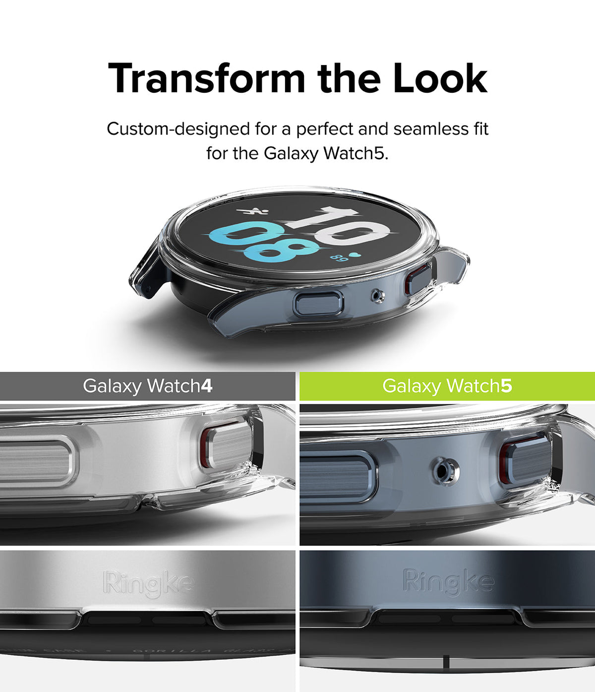 Galaxy Watch 5 44mm Case | Slim - Clear protective case on Galaxy Watch 5, comparing fit against Galaxy Watch 4 models.