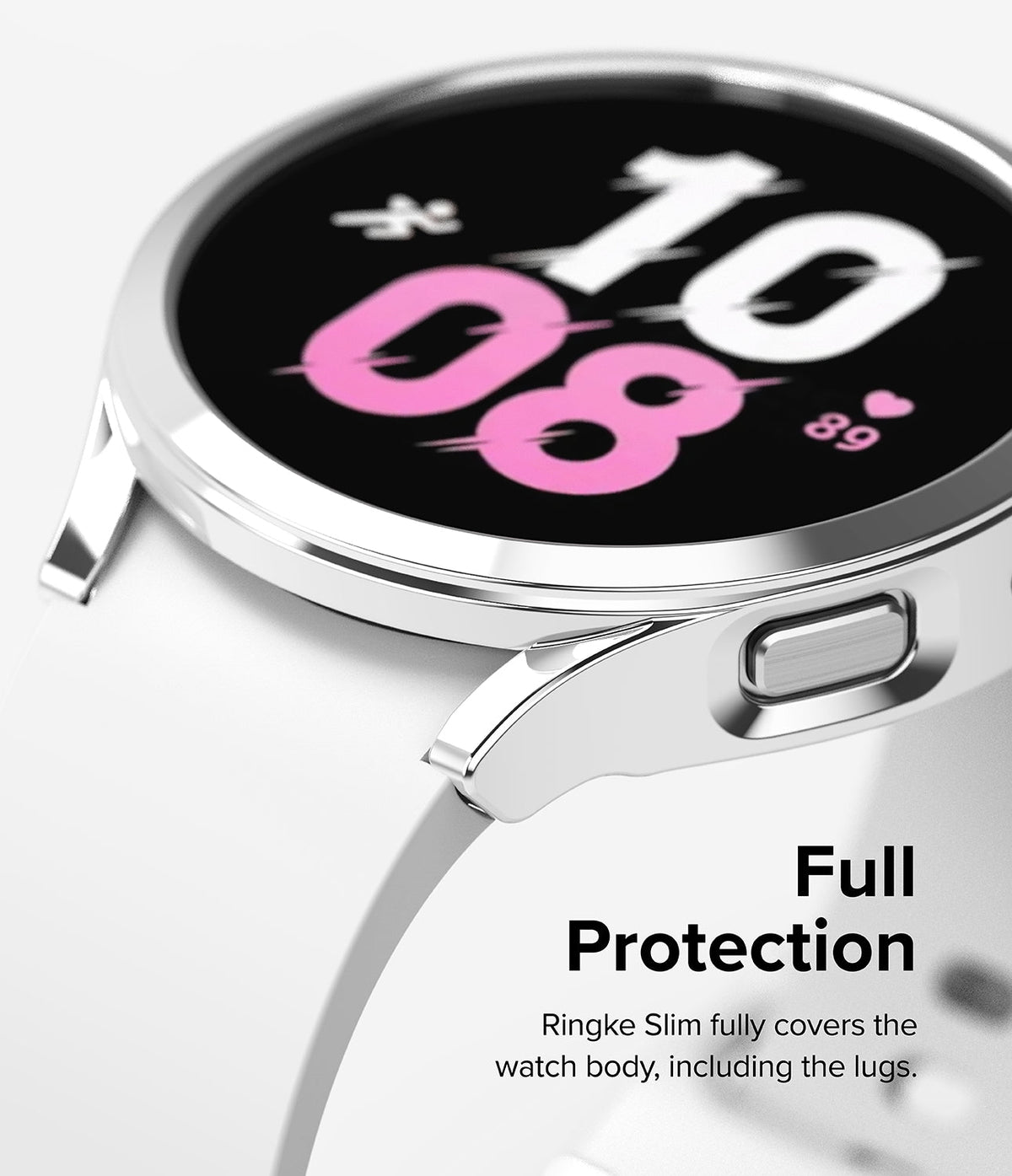 Galaxy Watch 5 44mm Case | Slim - Silver protective case on a white smartwatch showing the display and side button.