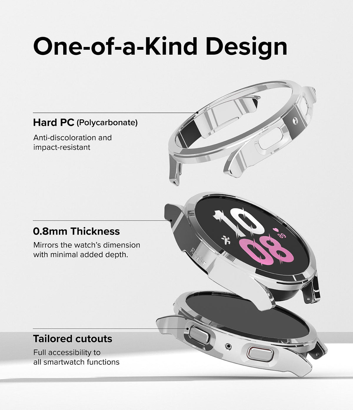 Galaxy Watch 5 44mm Case | Slim - Exploded view of a clear watch case highlighting polycarbonate, 0.8mm thickness, and cutouts.