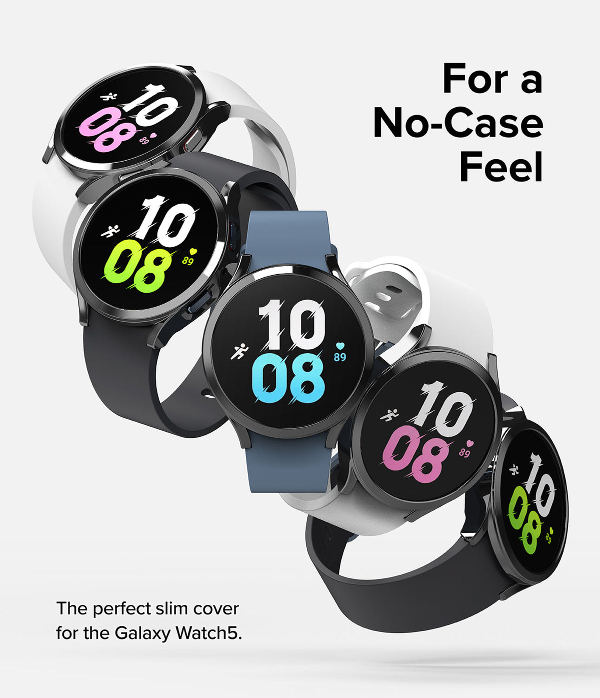 Galaxy Watch 5 44mm Case | Slim - Five Galaxy Watch 5 units with slim cases in various colors arranged diagonally.