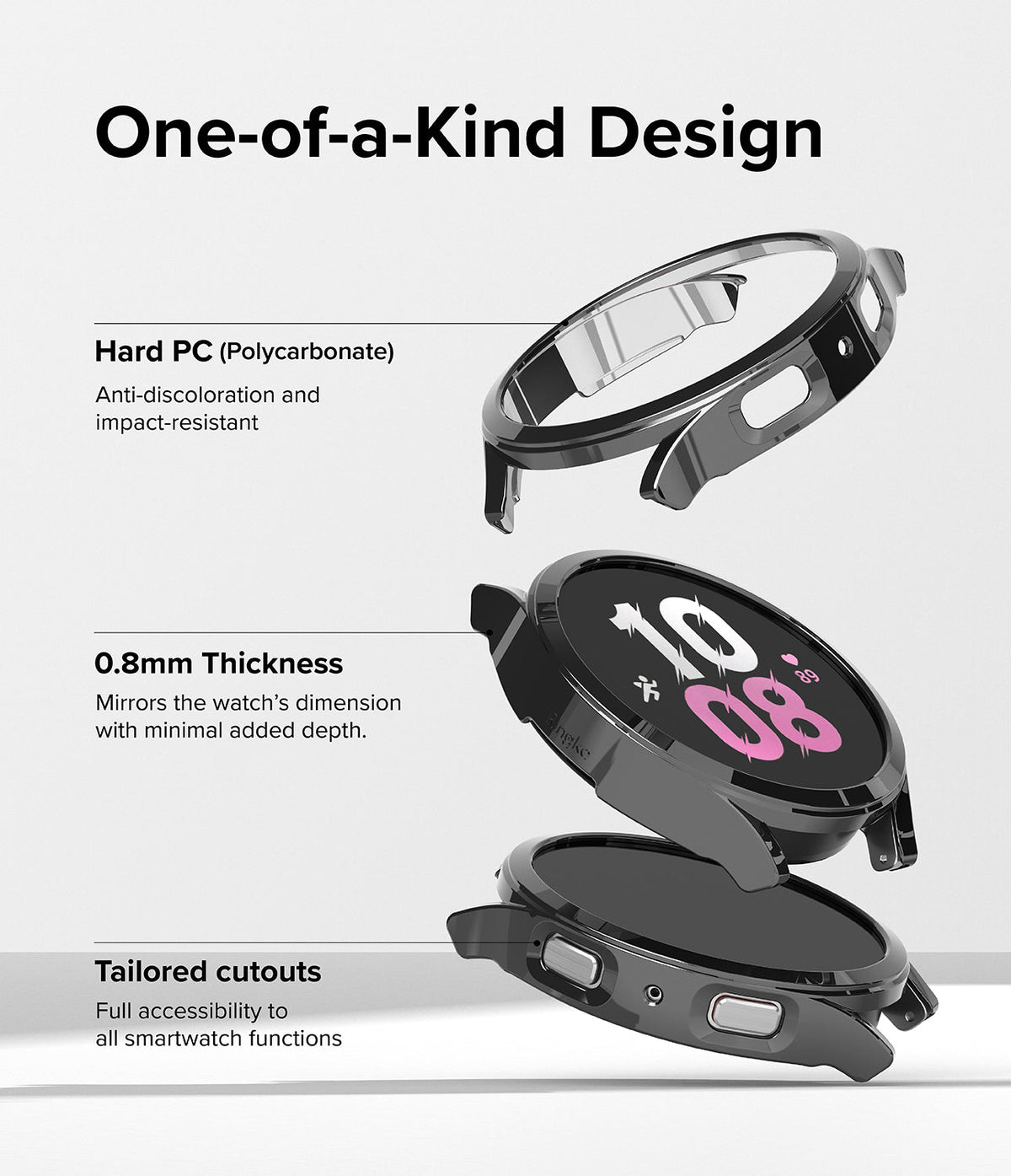 Galaxy Watch 5 44mm Case | Slim - Exploded view of a slim, black polycarbonate watch case highlighting its thin design.