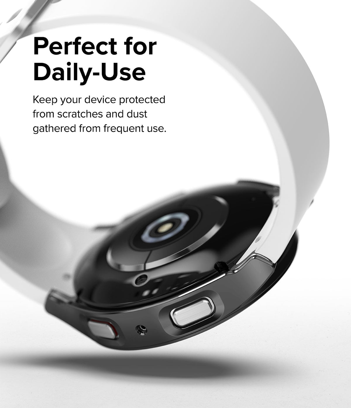 Galaxy Watch 5 44mm Case | Slim - Black protective case on a Galaxy Watch 5 with a white band against a white background.