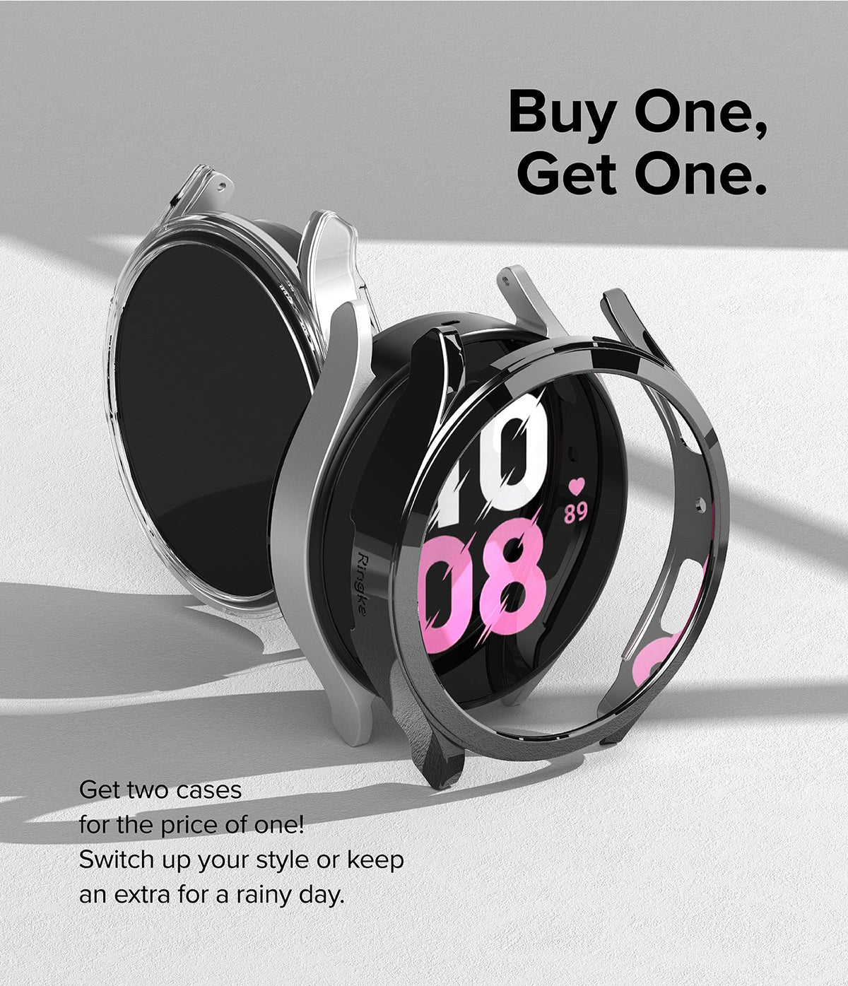 Galaxy Watch 5 44mm Case | Slim - Two slim protective watch cases, one clear and one black, displayed on a white surface.