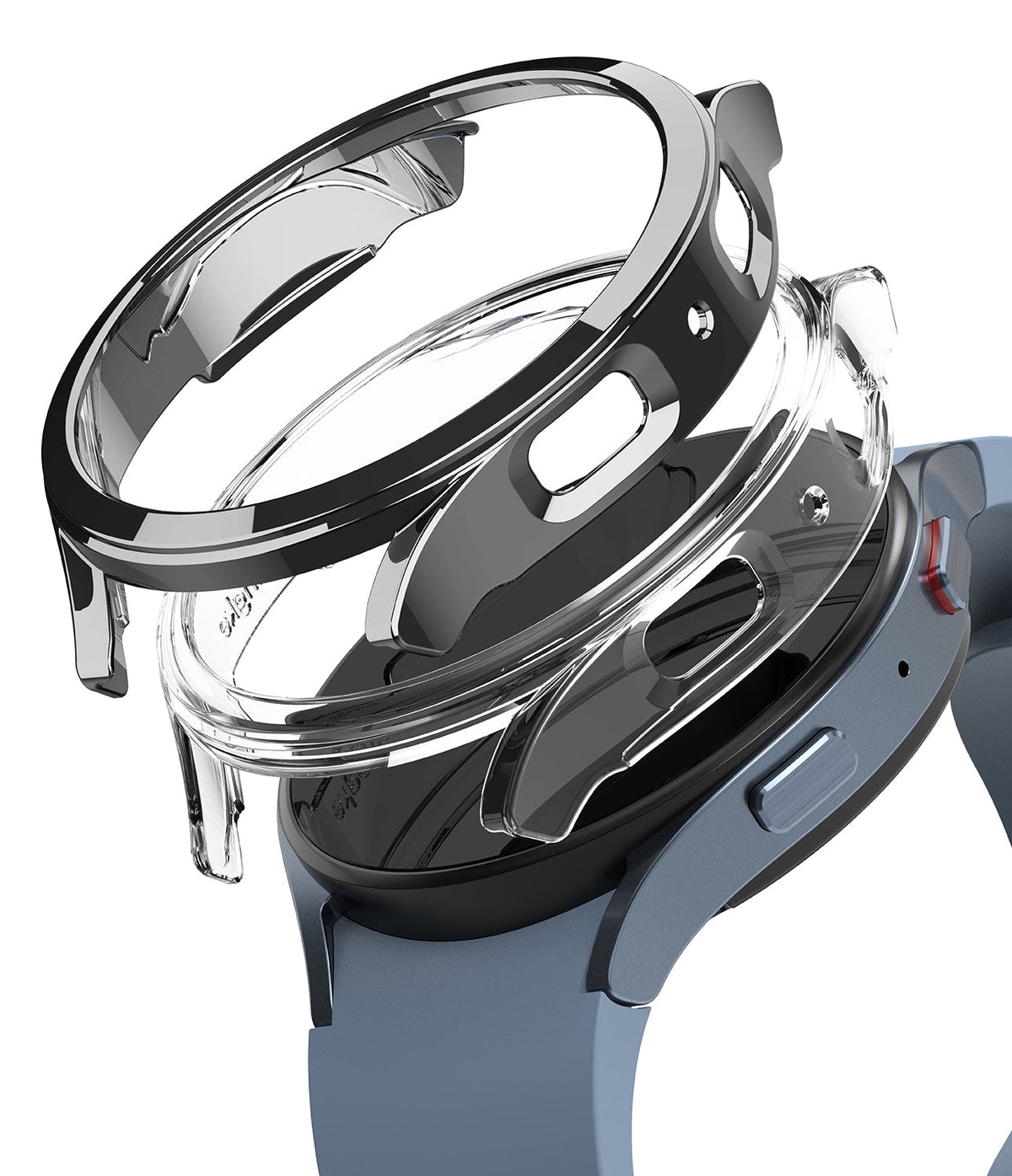 Galaxy Watch 5 44mm Case | Slim - A clear, slim protective case hovering above a blue Galaxy Watch 5 44mm.