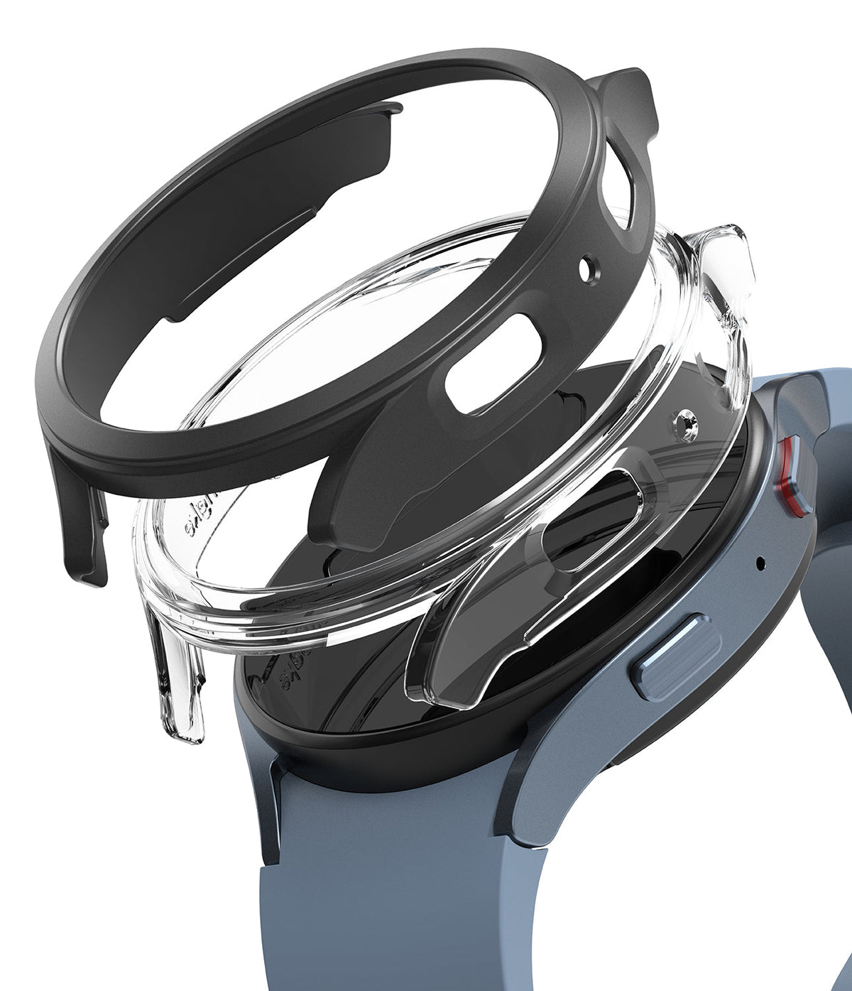 Galaxy Watch 5 44mm Case | Slim - Exploded view of a clear protective case hovering above a blue Galaxy Watch 5.