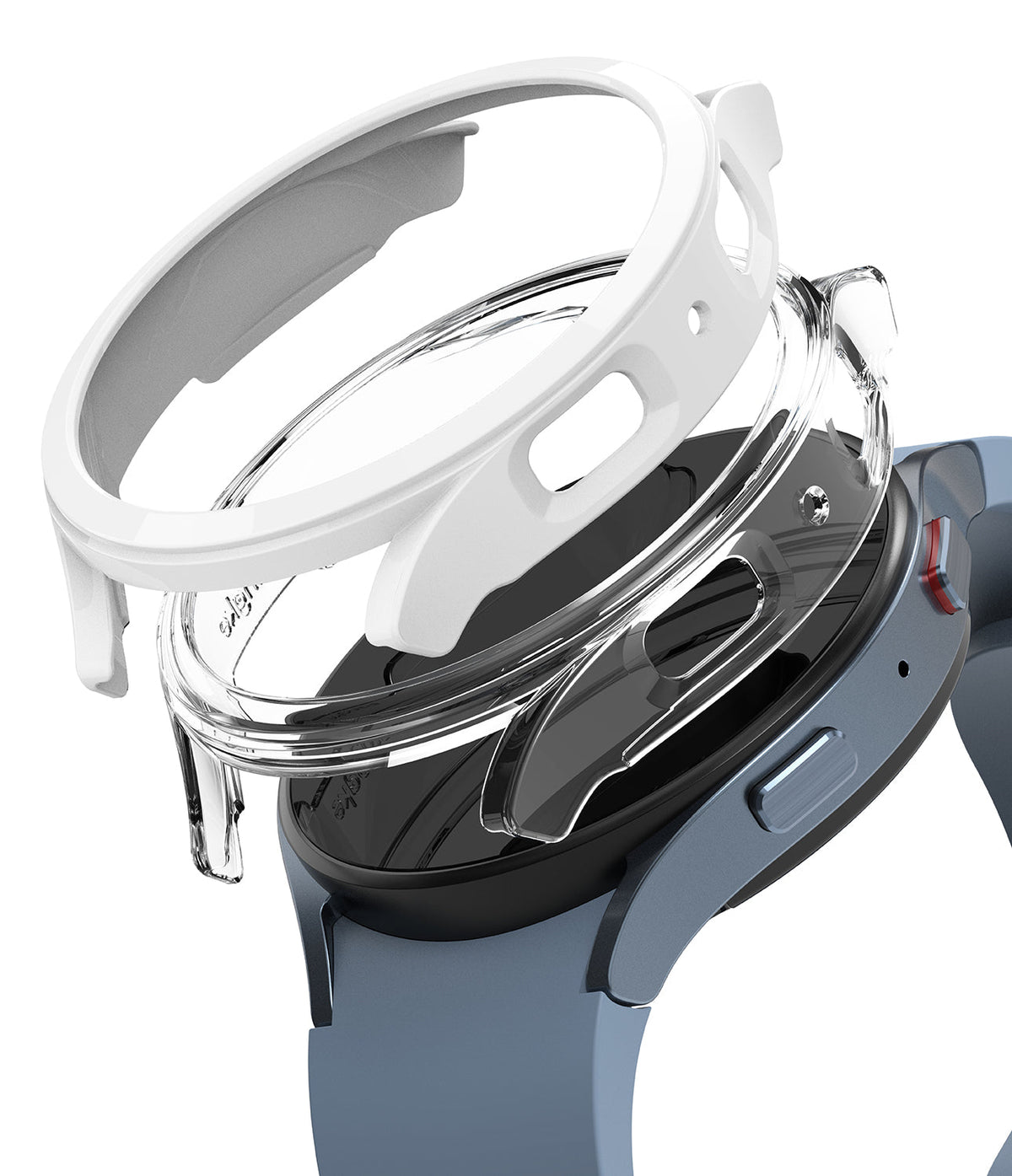 Galaxy Watch 5 44mm Case | Slim - A white protective case hovering above a blue Galaxy Watch 5 44mm.