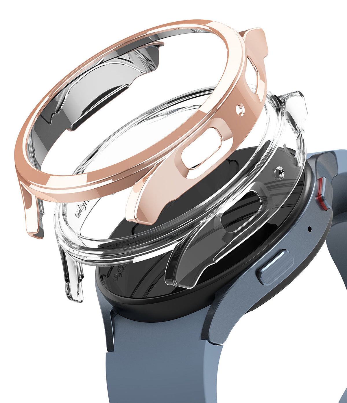 Galaxy Watch 5 44mm Case | Slim - Rose gold and clear protective watch cases hovering above a blue Galaxy Watch 5.