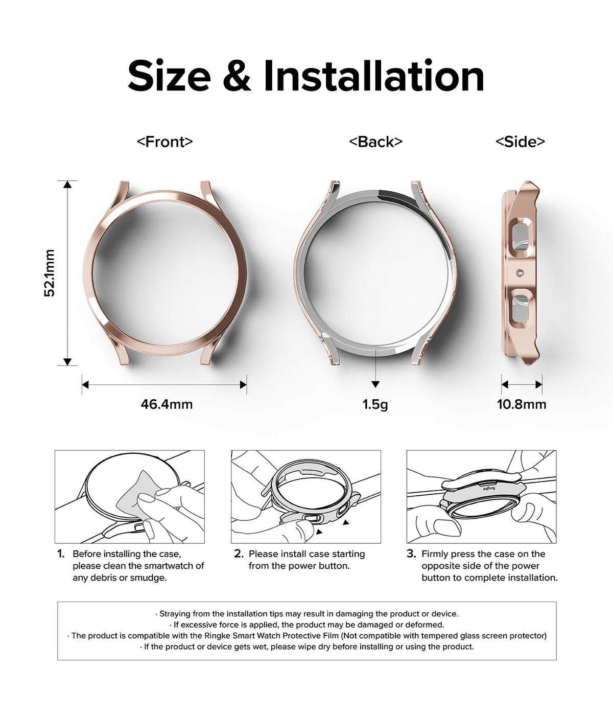 Galaxy Watch 5 44mm Case | Slim - Dimensions and three-step installation guide for a rose gold smartwatch protective case.
