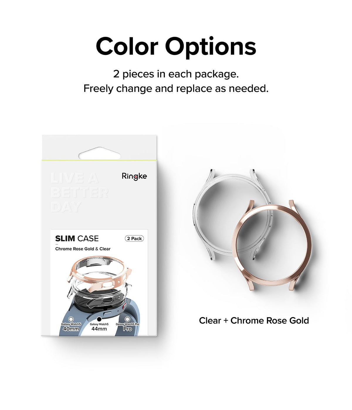 Galaxy Watch 5 44mm Case | Slim - Retail packaging for a 2-pack of clear and chrome rose gold slim watch cases.