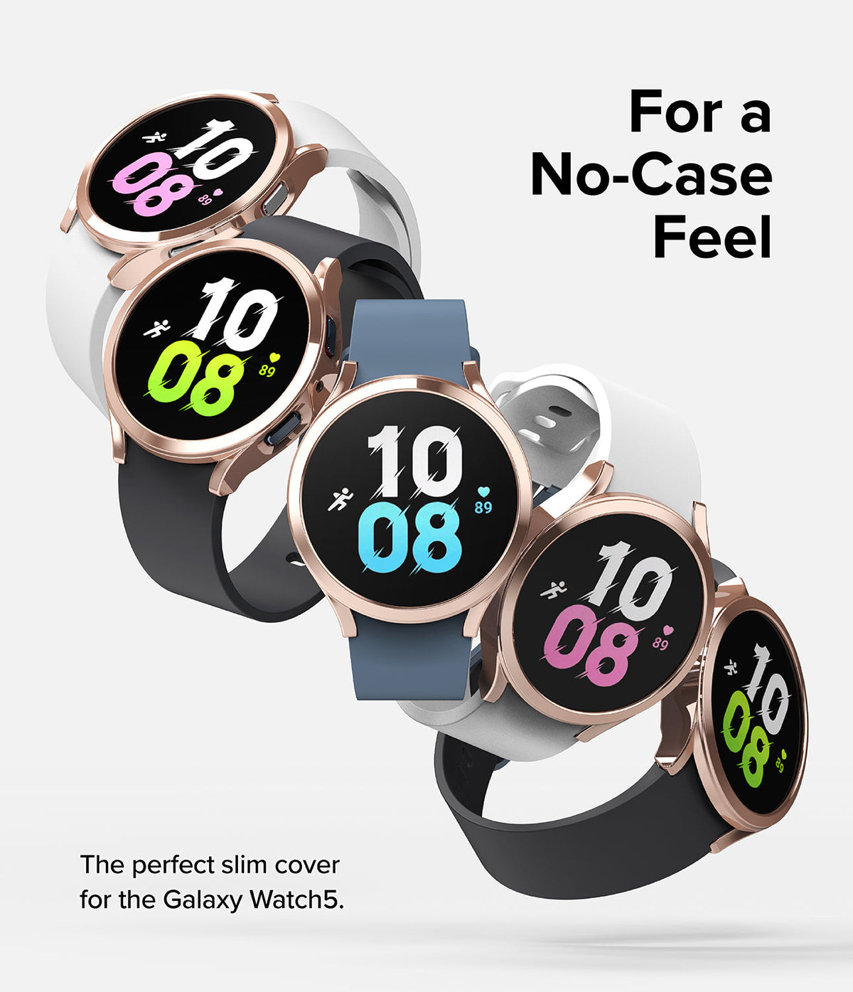 Galaxy Watch 5 44mm Case | Slim - Five Galaxy Watch 5 units with slim rose gold cases and various colored bands.