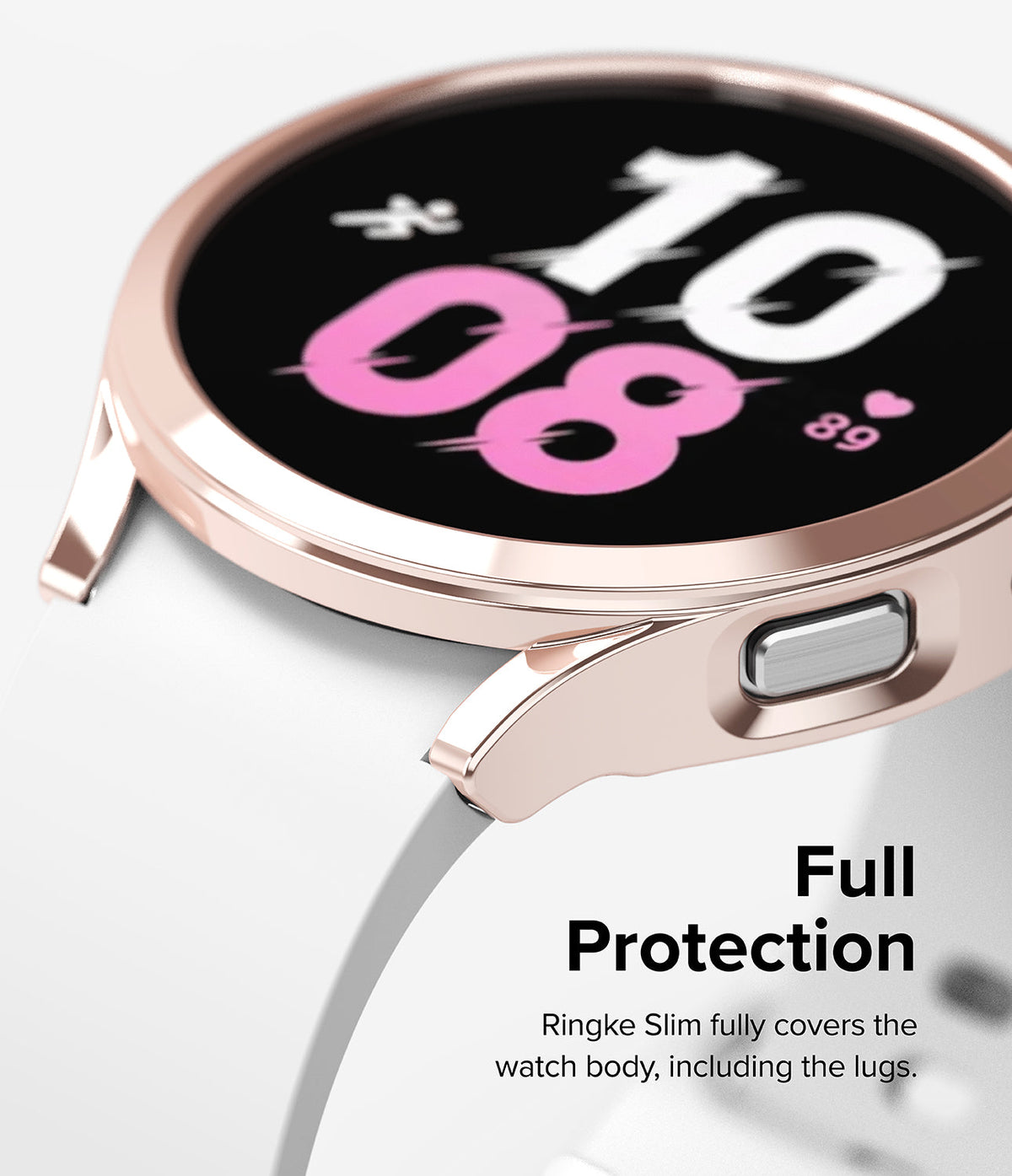Galaxy Watch 5 44mm Case | Slim - Rose gold protective case on a Galaxy Watch 5 with a white band and digital clock face.