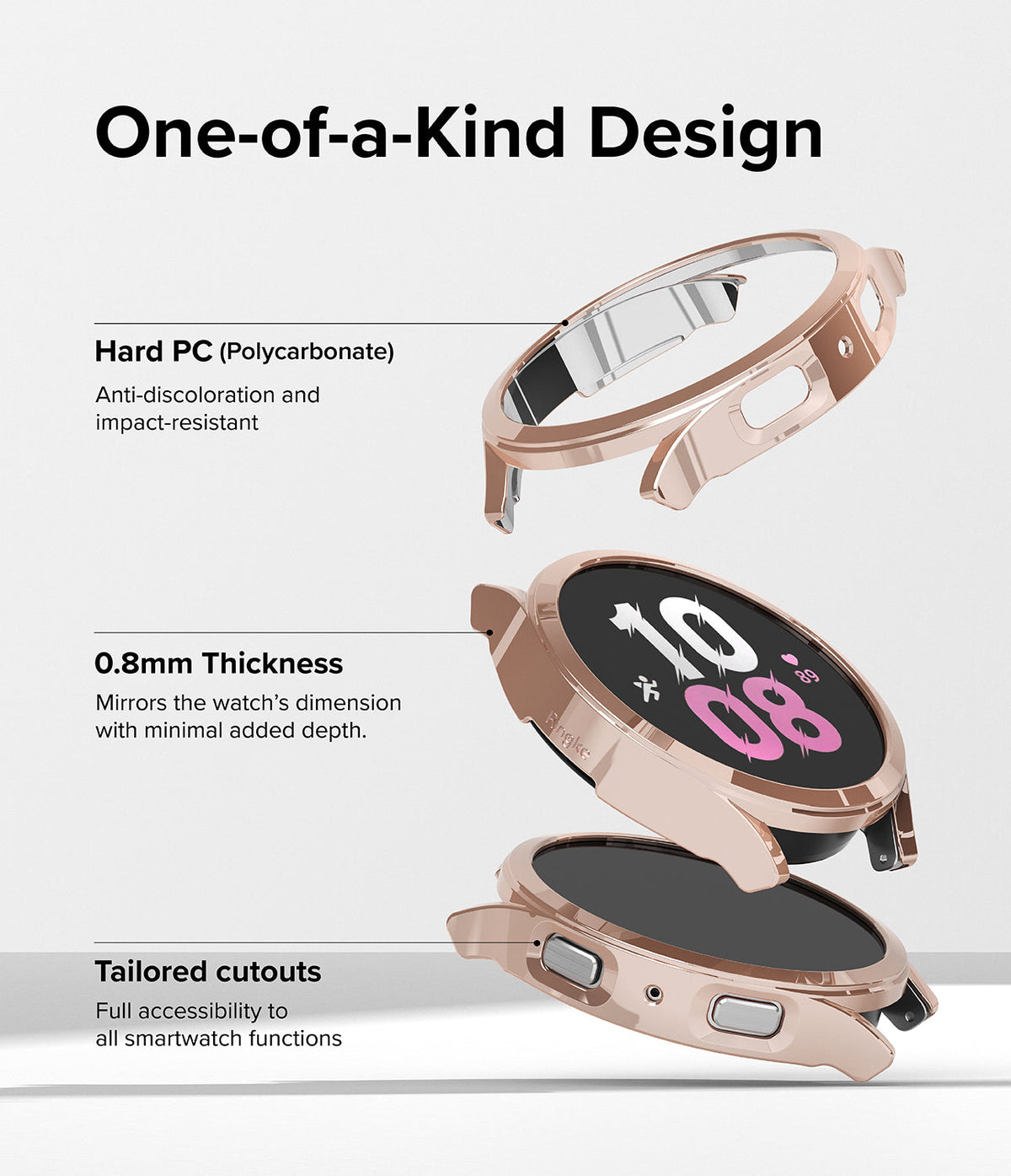 Galaxy Watch 5 44mm Case | Slim - Exploded view of a rose gold smartwatch case highlighting PC material and slim design.