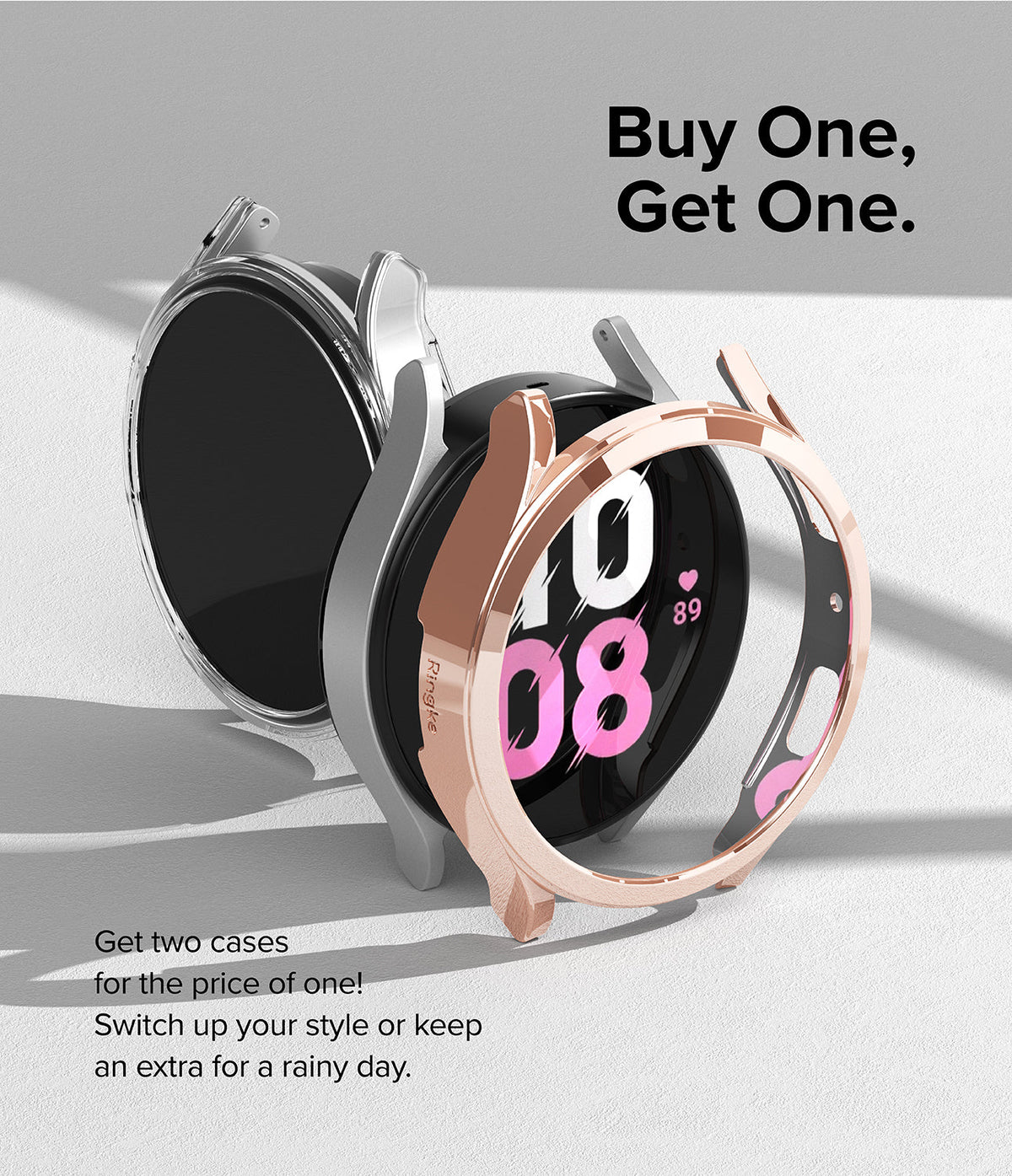 Galaxy Watch 5 44mm Case | Slim - Two slim watch cases, one clear and one rose gold, displayed with promotional text.