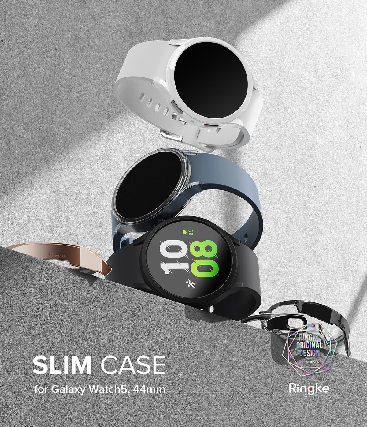 Galaxy Watch 5 44mm Case | Slim - Three Galaxy Watch 5 units with slim protective cases in white, blue, and black on a gray ledge.