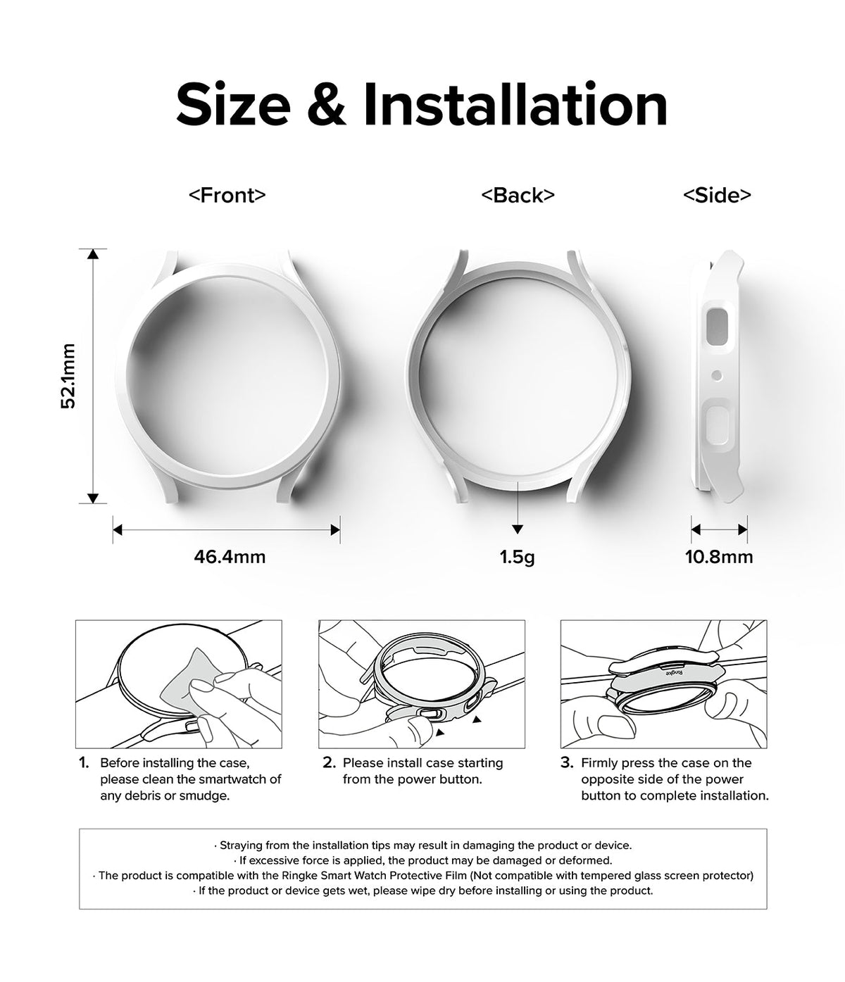 Galaxy Watch 5 44mm Case | Slim - Dimensions, weight, and three-step installation guide for the white watch case.