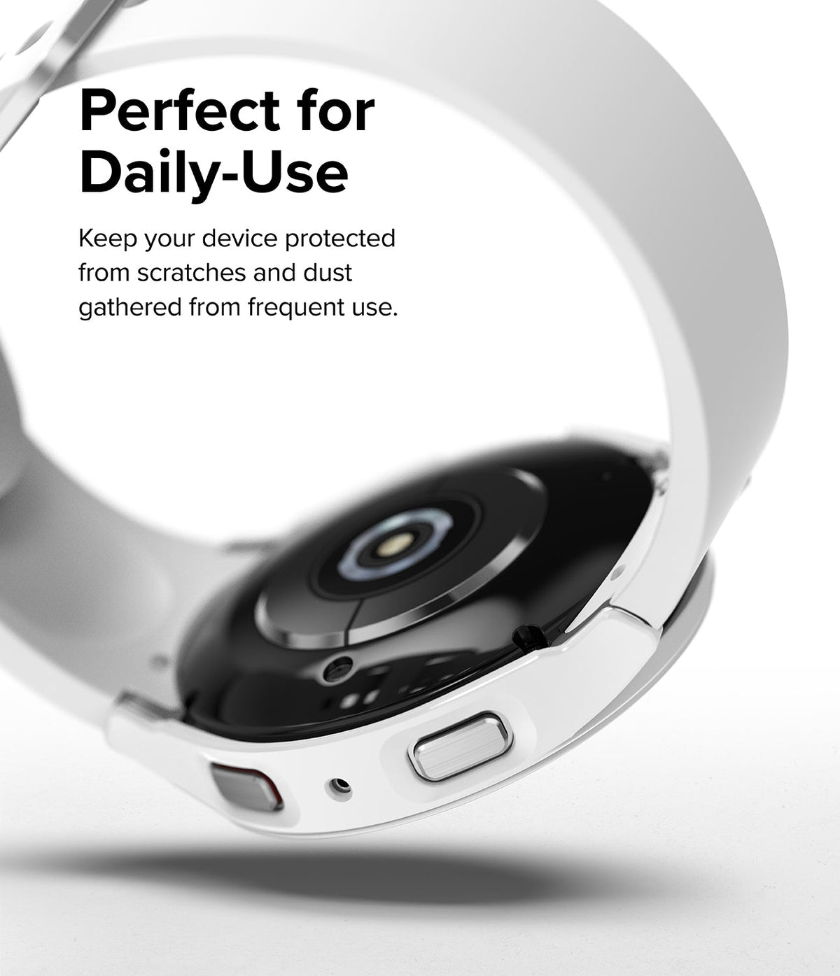 Galaxy Watch 5 44mm Case | Slim - White protective case on a Galaxy Watch 5, showing the back sensors and side buttons.