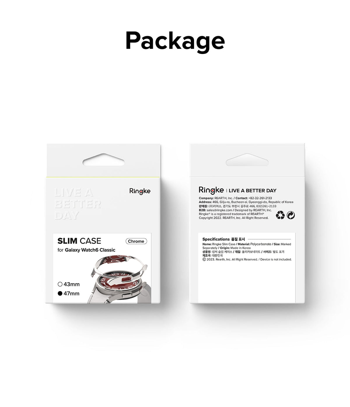 Galaxy Watch 6 Classic 47mm Case | Slim - Front and back view of Ringke Slim Case packaging for Galaxy Watch 6.