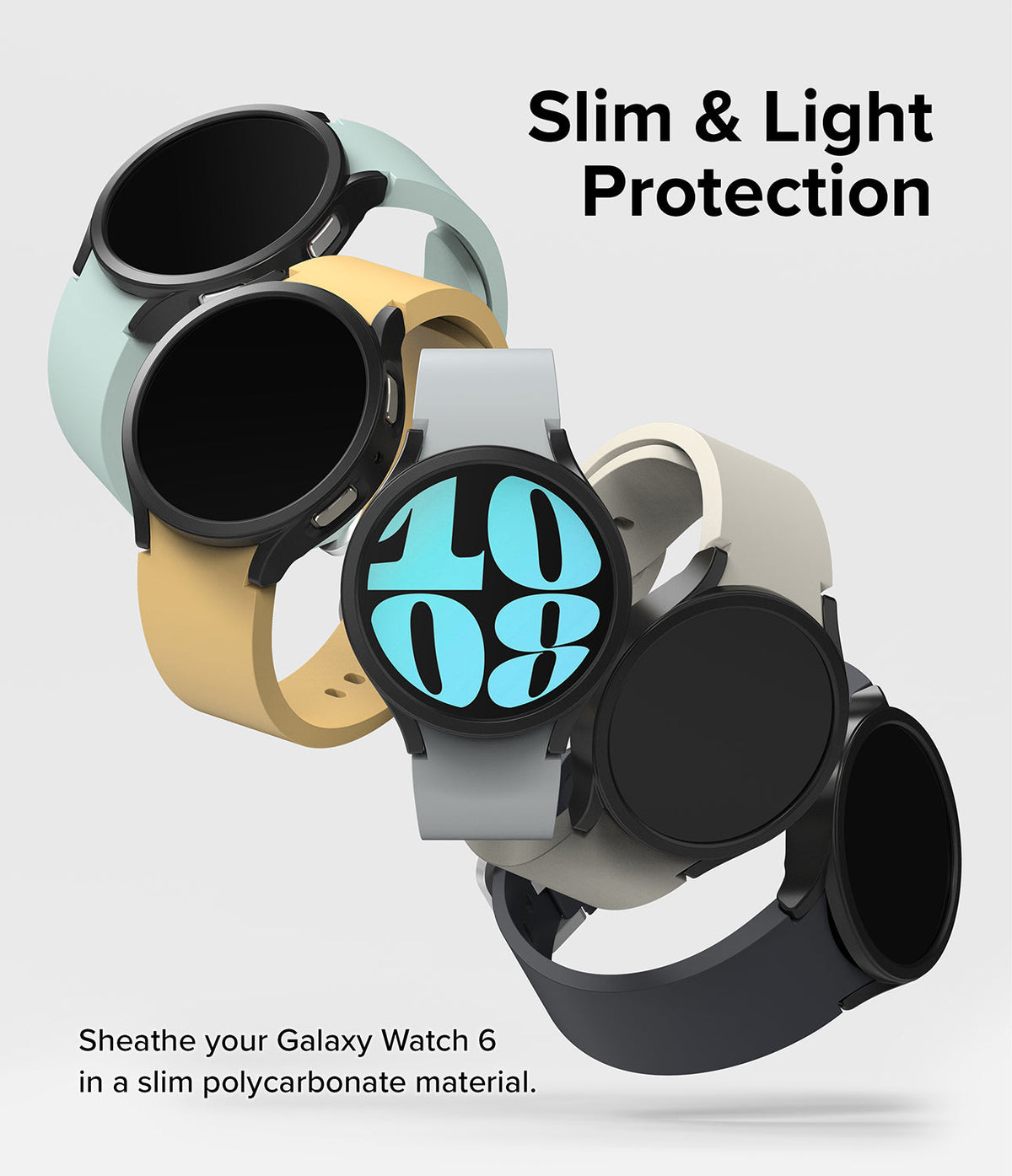 Galaxy Watch 6 40mm Case | Slim - Five Galaxy Watch 6 units in various colors floating against a white background.