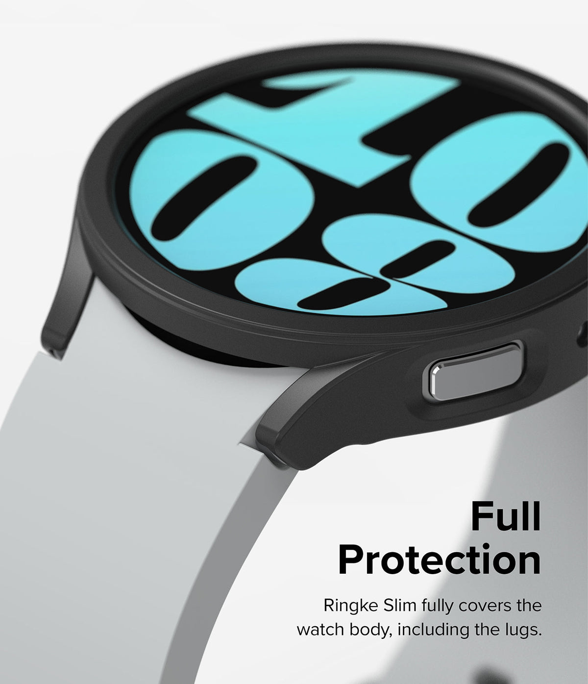 Galaxy Watch 6 40mm Case | Slim - Black slim protective case covering the watch body and lugs on a white smartwatch.