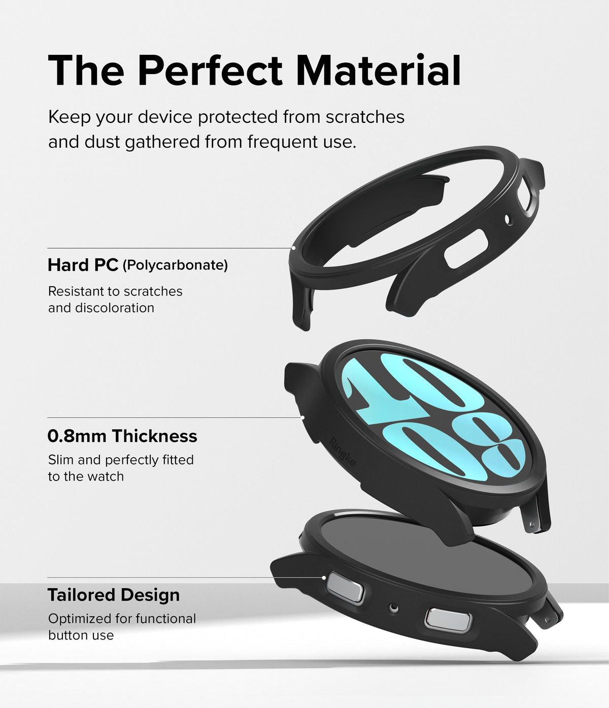 Galaxy Watch 6 40mm Case | Slim - Exploded view of a black watch case highlighting polycarbonate material and slim design.