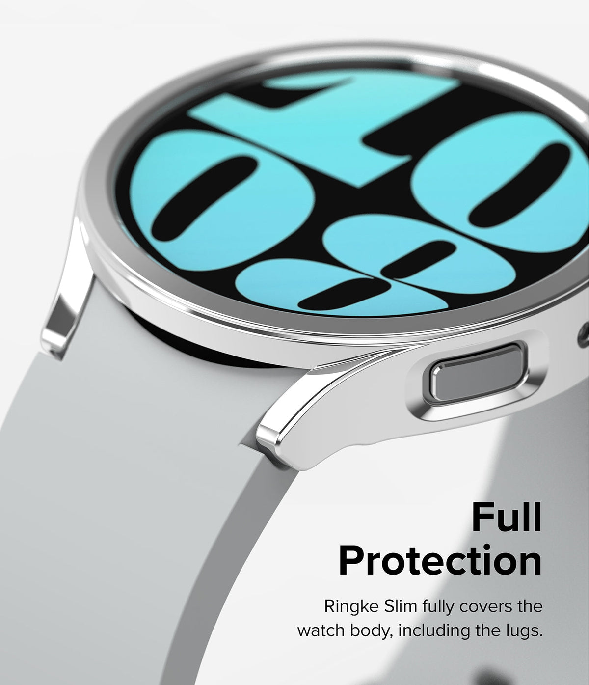 Galaxy Watch 6 40mm Case | Slim - Close-up of a silver protective case covering the watch body and lugs on a smartwatch.