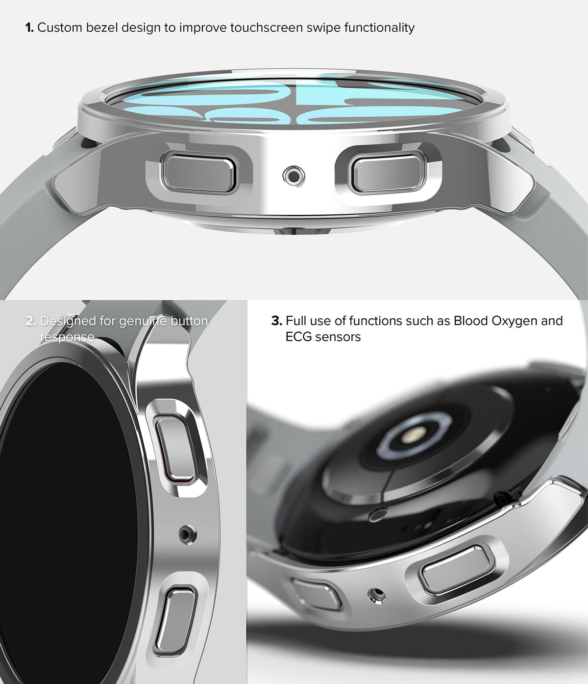 Galaxy Watch 6 40mm Case | Slim - Close-up views of a silver watch case highlighting bezel, buttons, and sensor accessibility.