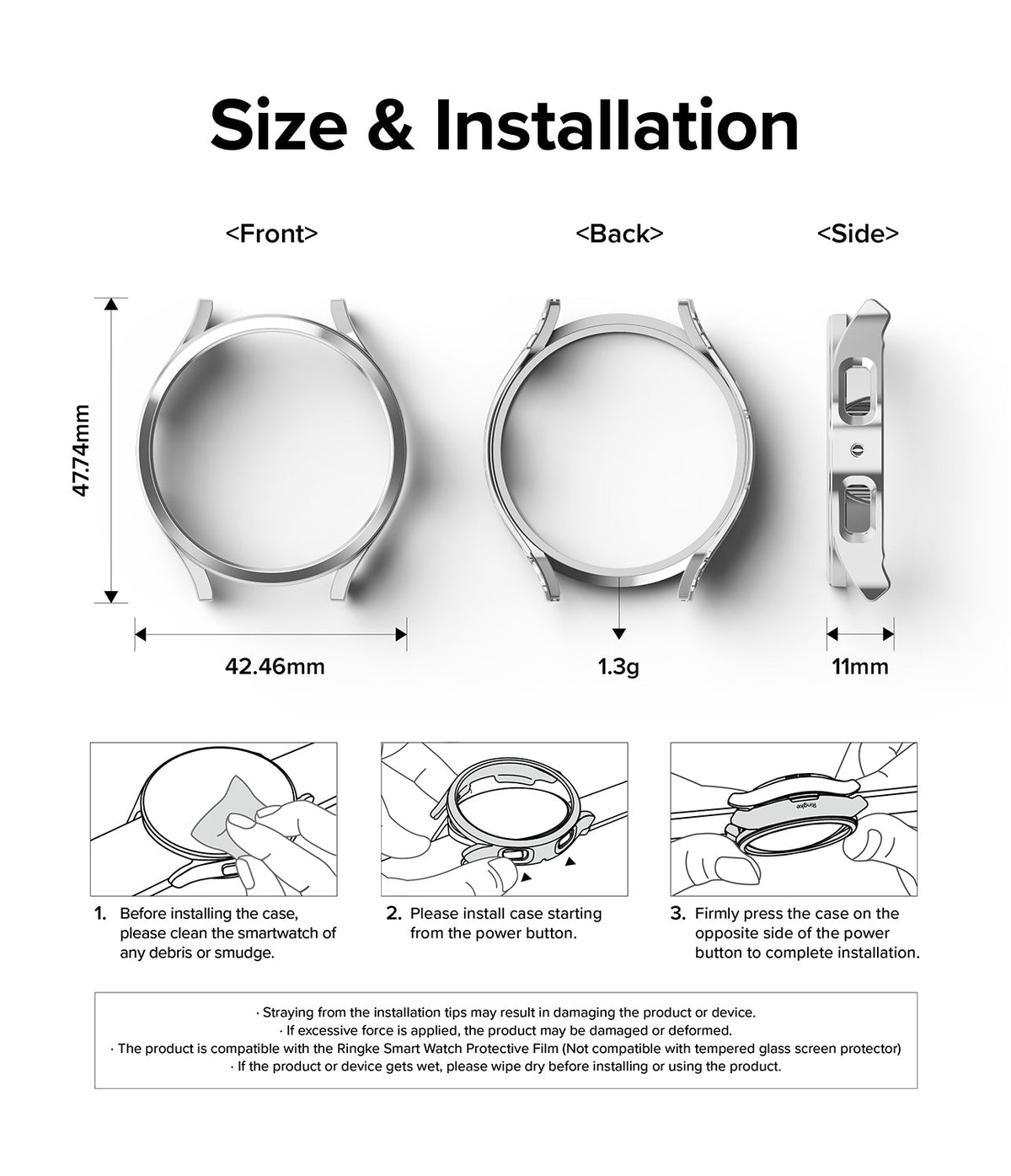 Galaxy Watch 6 40mm Case | Slim - Technical diagram showing dimensions, weight, and three-step installation guide for a watch case.