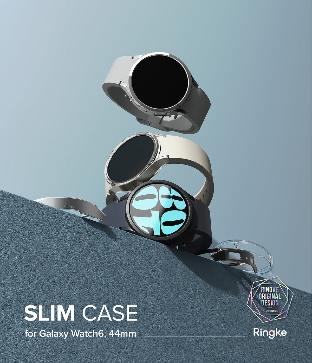 Galaxy Watch 6 44mm Case | Slim - Three Galaxy Watch 6 units stacked on a blue ledge with slim protective cases.