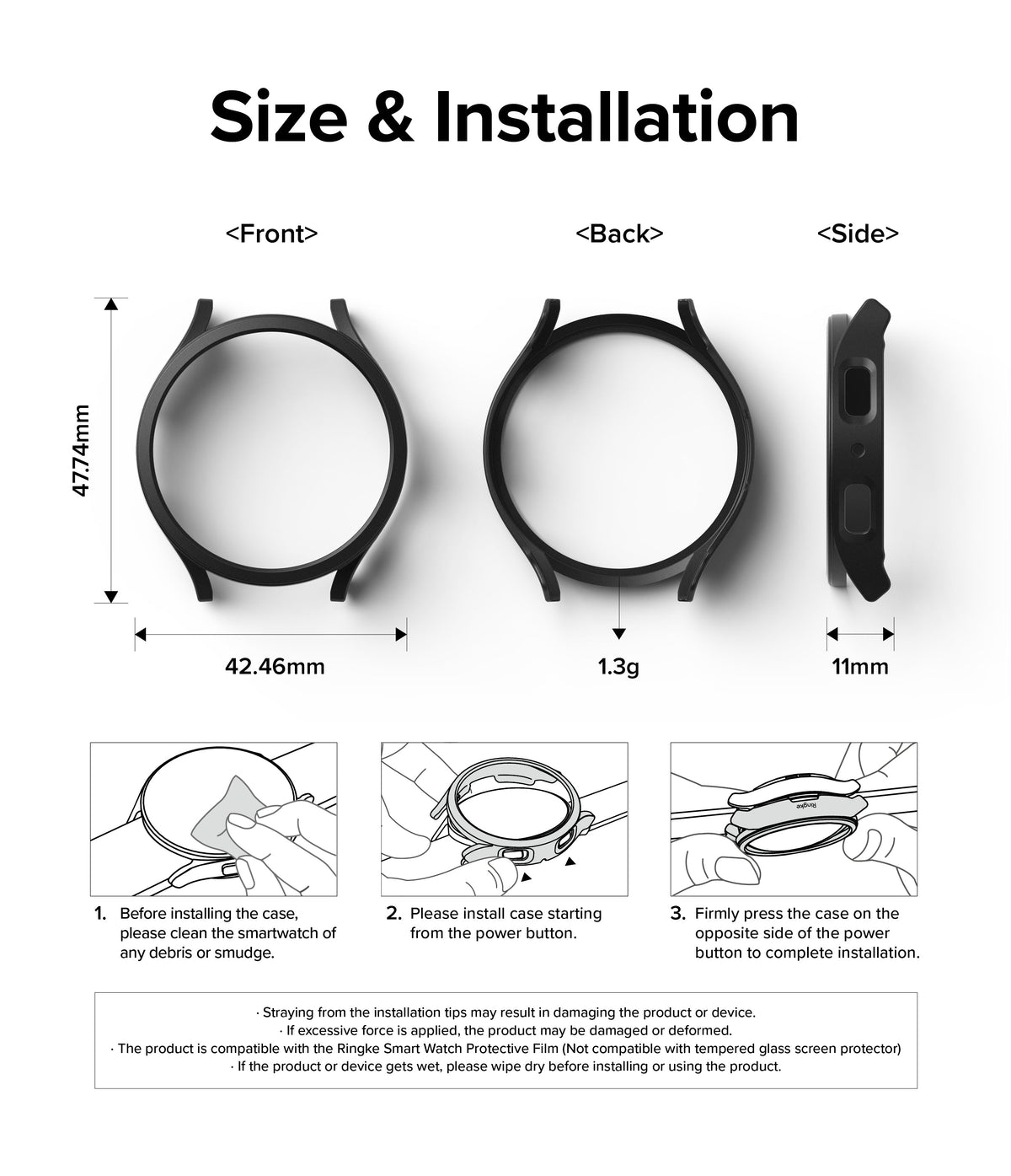 Galaxy Watch 6 44mm Case | Slim - Dimensions, weight, and three-step installation guide for a black smartwatch case.