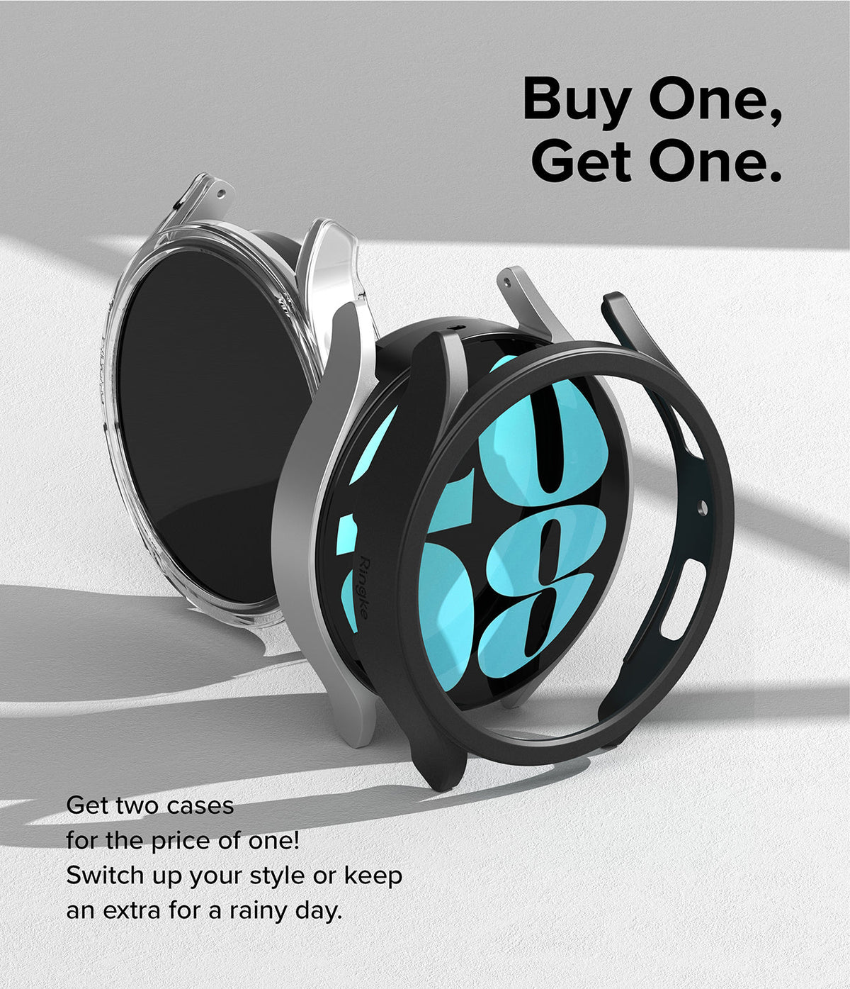 Galaxy Watch 6 44mm Case | Slim - Two slim protective watch cases, one clear and one black, displayed on a white surface.