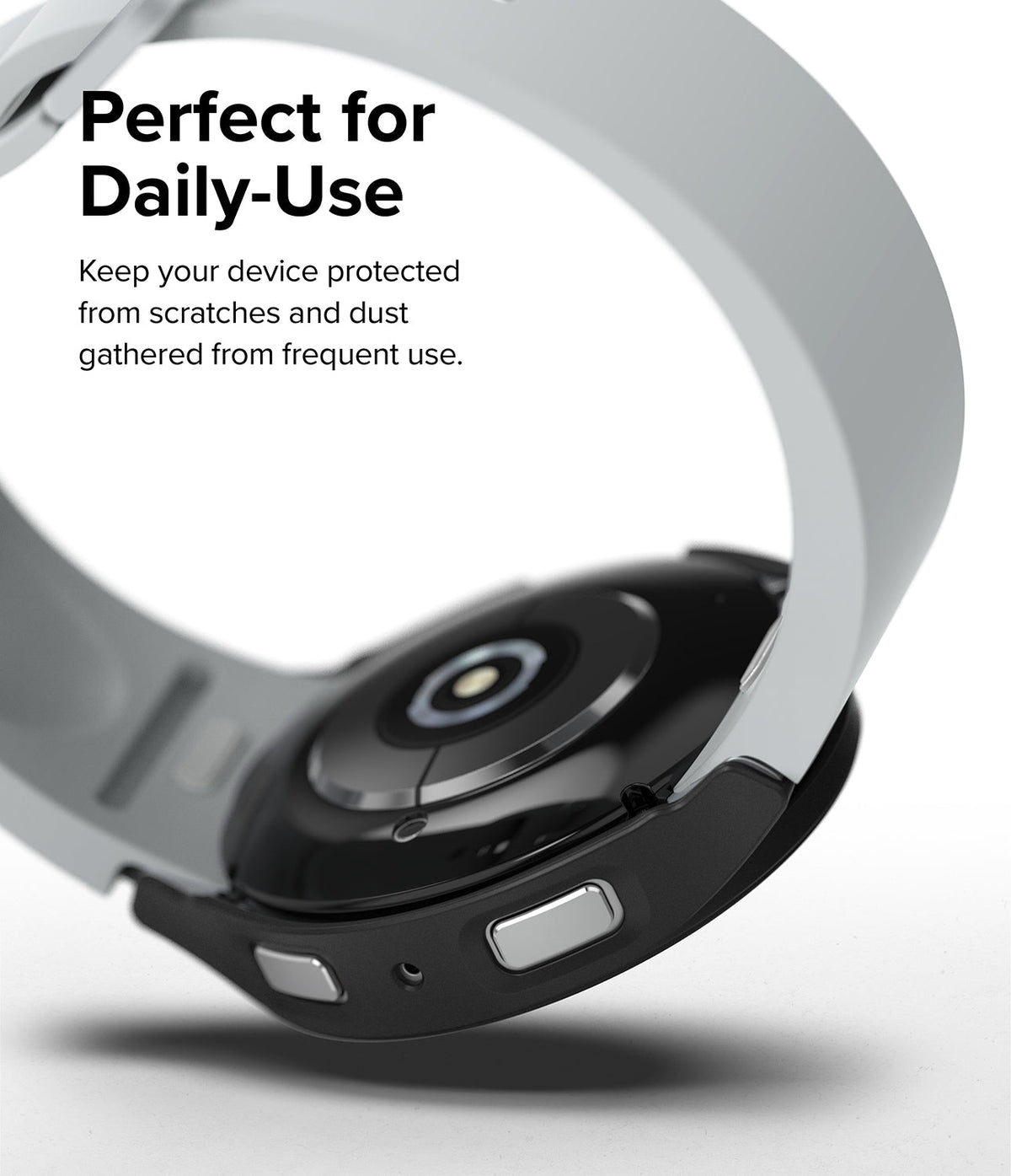 Galaxy Watch 6 44mm Case | Slim - Black protective case on a Galaxy Watch 6 with a white band, featuring text about daily use.