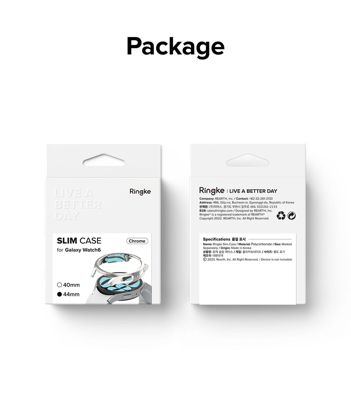 Galaxy Watch 6 44mm Case | Slim - Front and back views of Ringke Slim Case packaging for Galaxy Watch 6 in chrome finish.