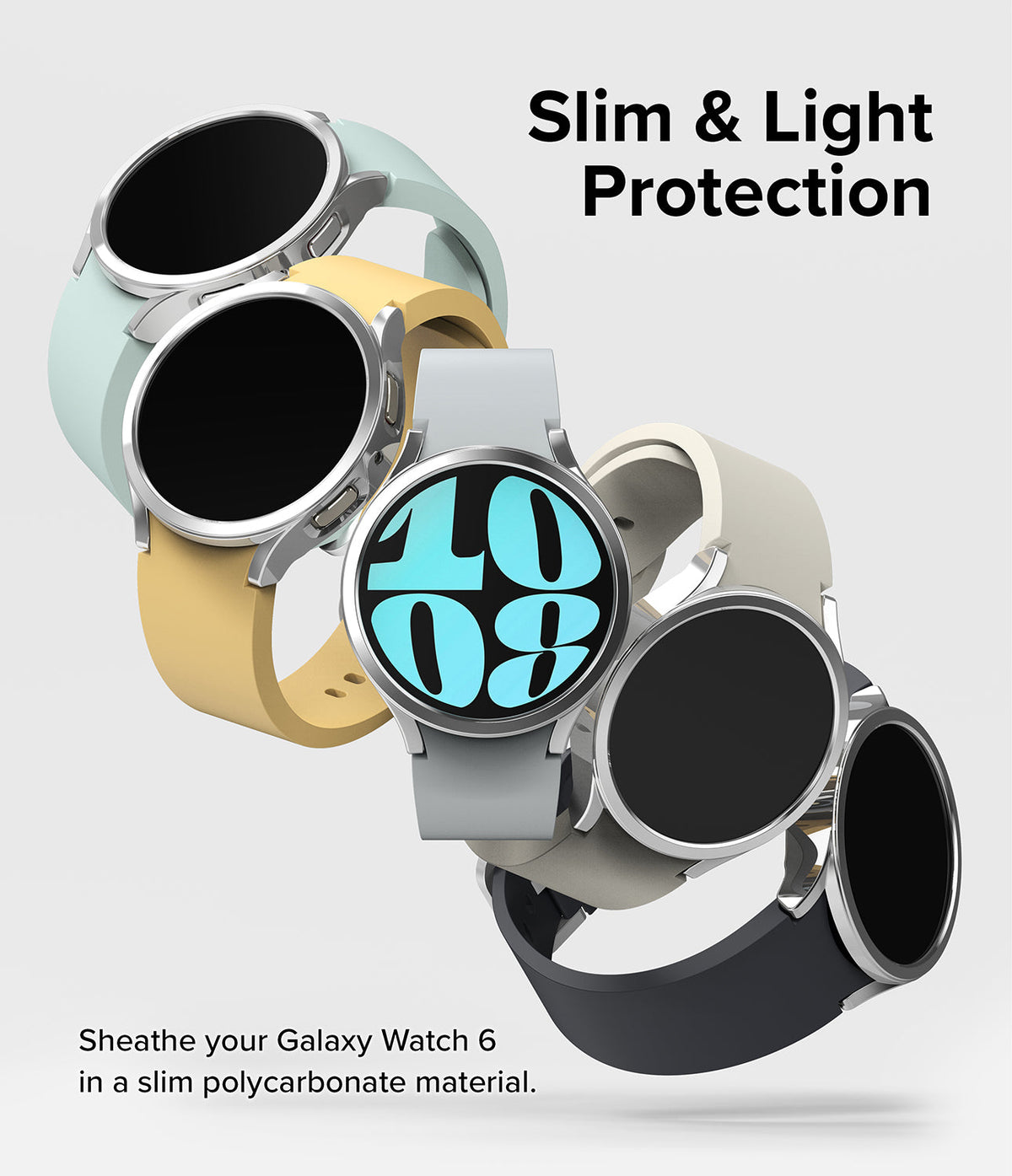 Galaxy Watch 6 44mm Case | Slim - Five Galaxy Watch 6 units in various colors floating against a white background.